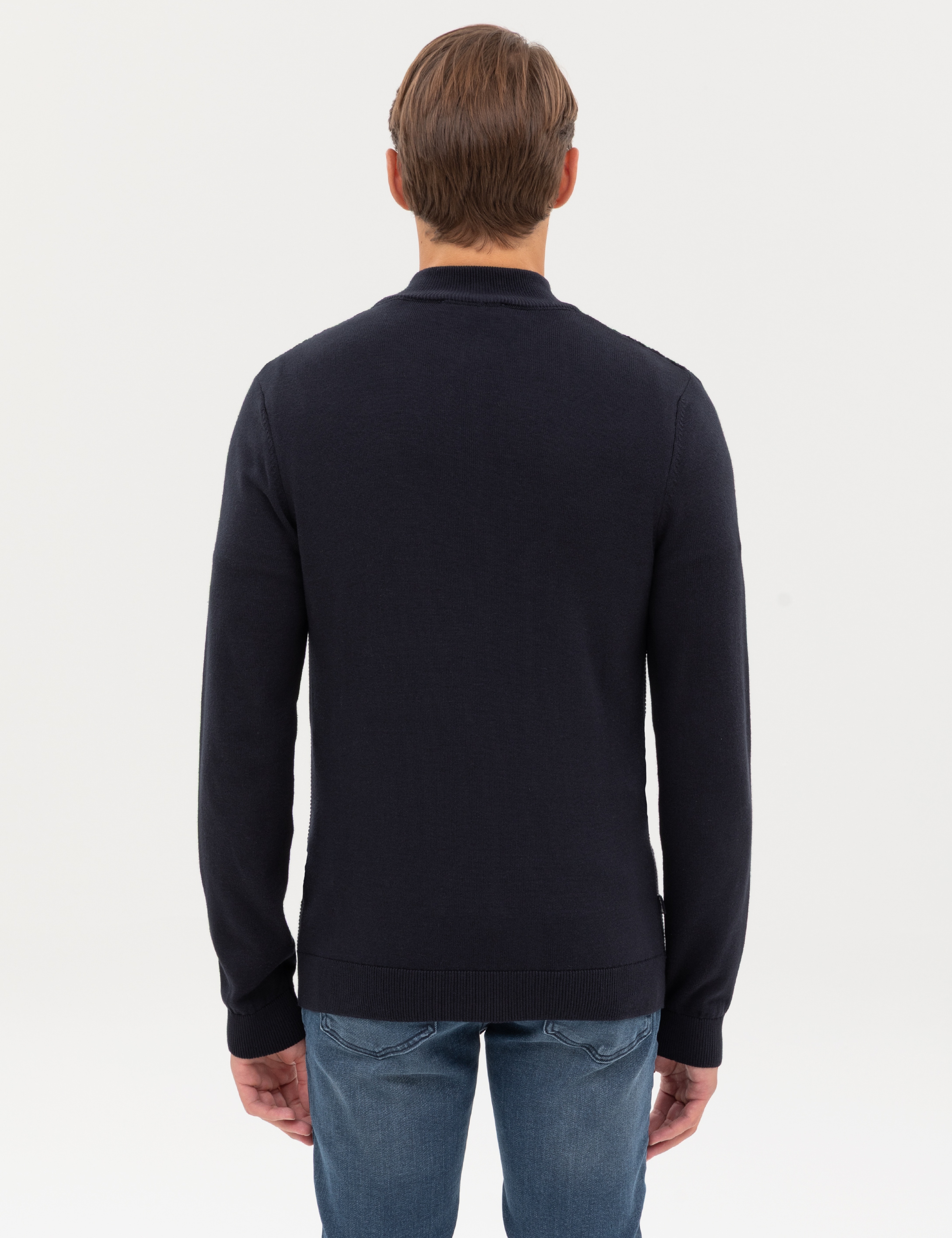 Lacivert Slim Fit Dik Yaka Fermuarlı Triko Kazak - Image 5