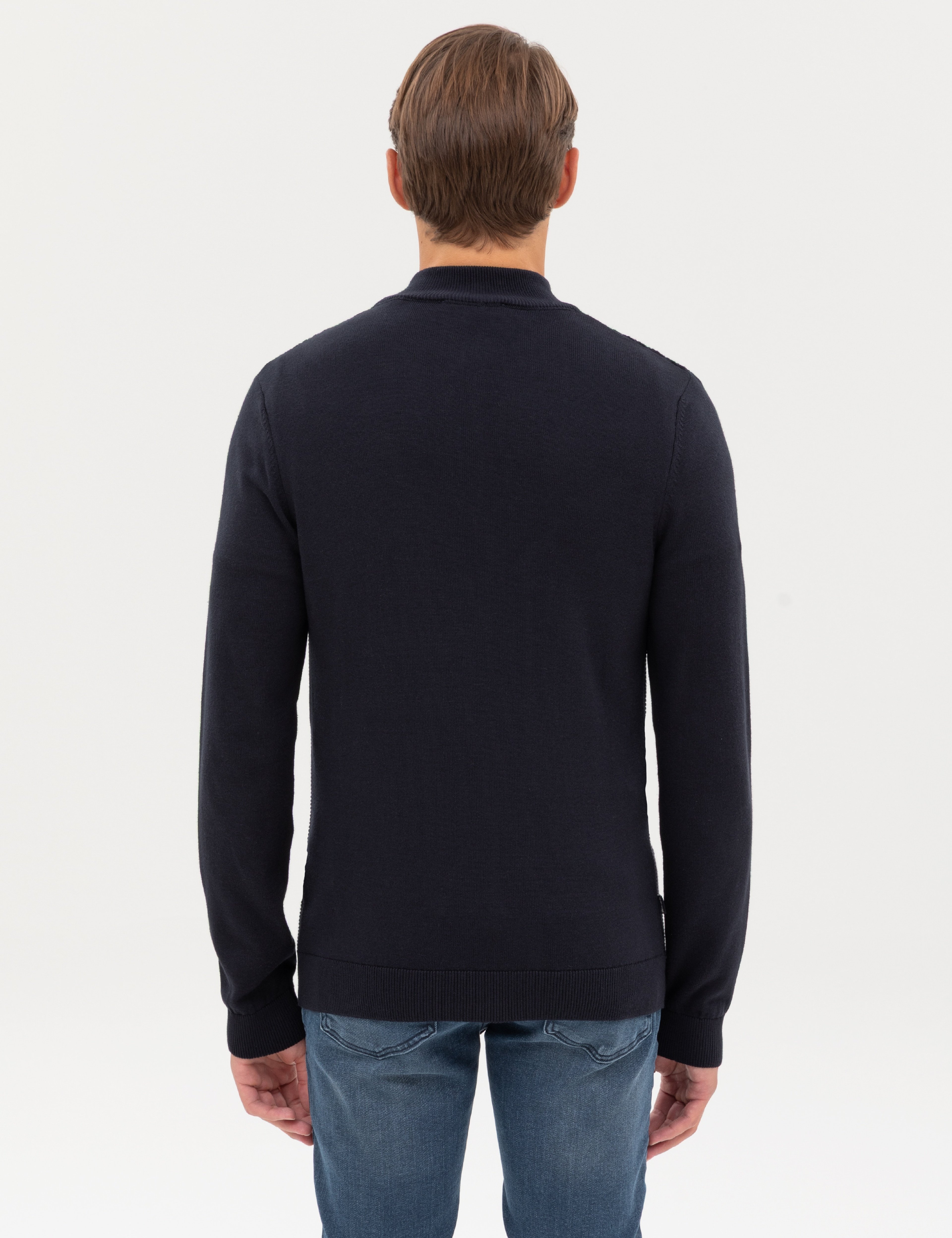 Lacivert Slim Fit Dik Yaka Fermuarlı Triko Kazak