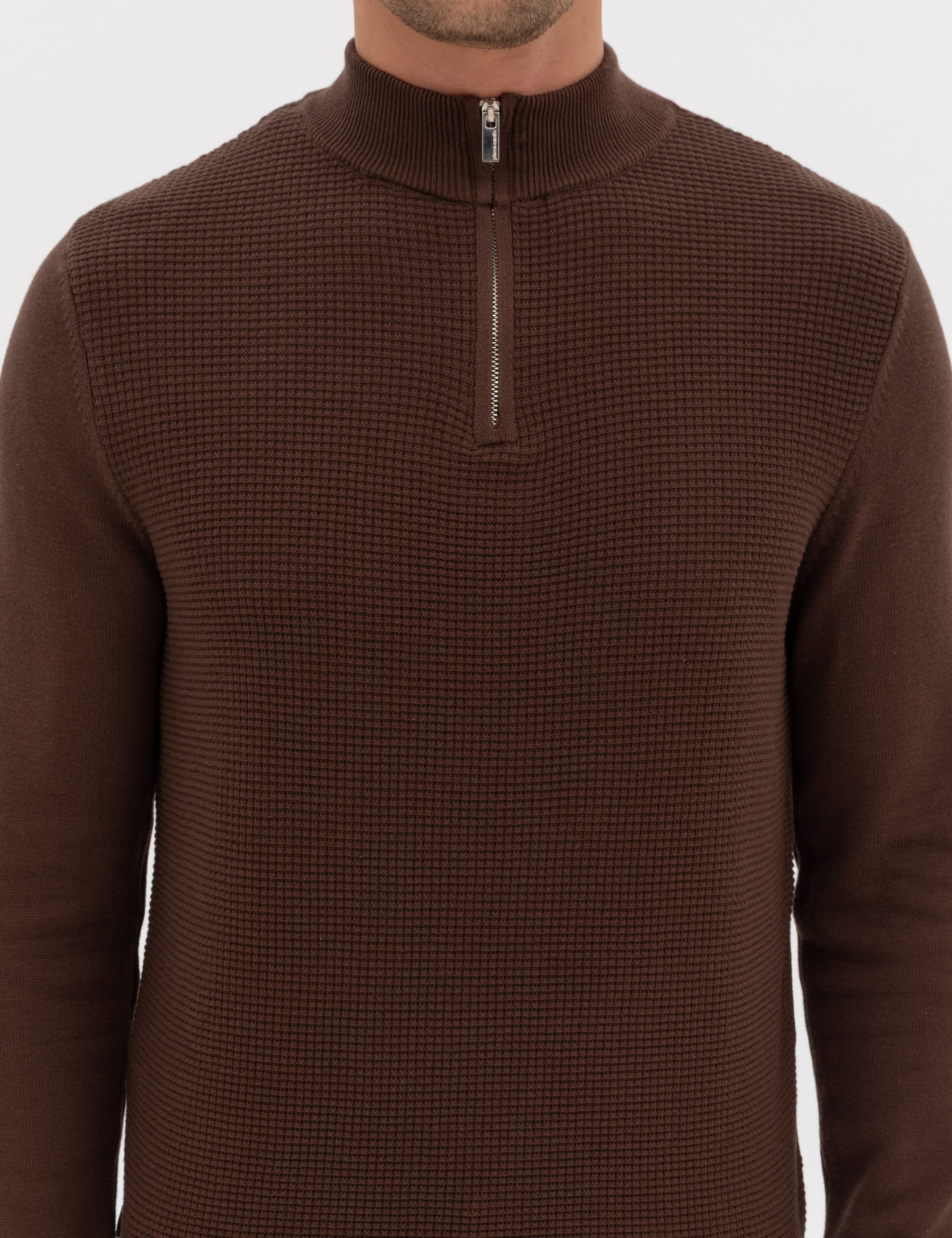 Kahverengi Slim Fit Dik Yaka Fermuarlı Triko Kazak