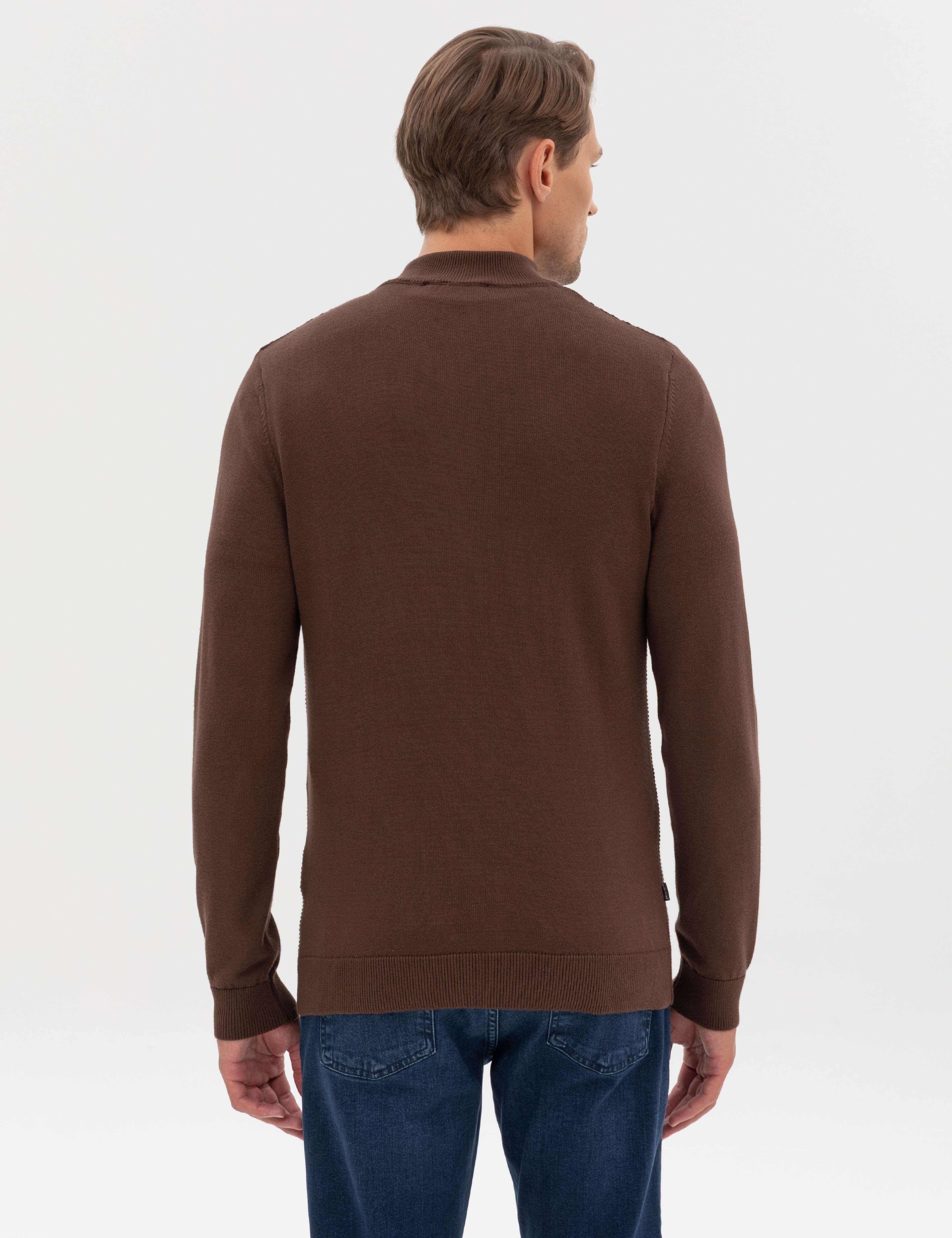 Kahverengi Slim Fit Dik Yaka Fermuarlı Triko Kazak - Image 5