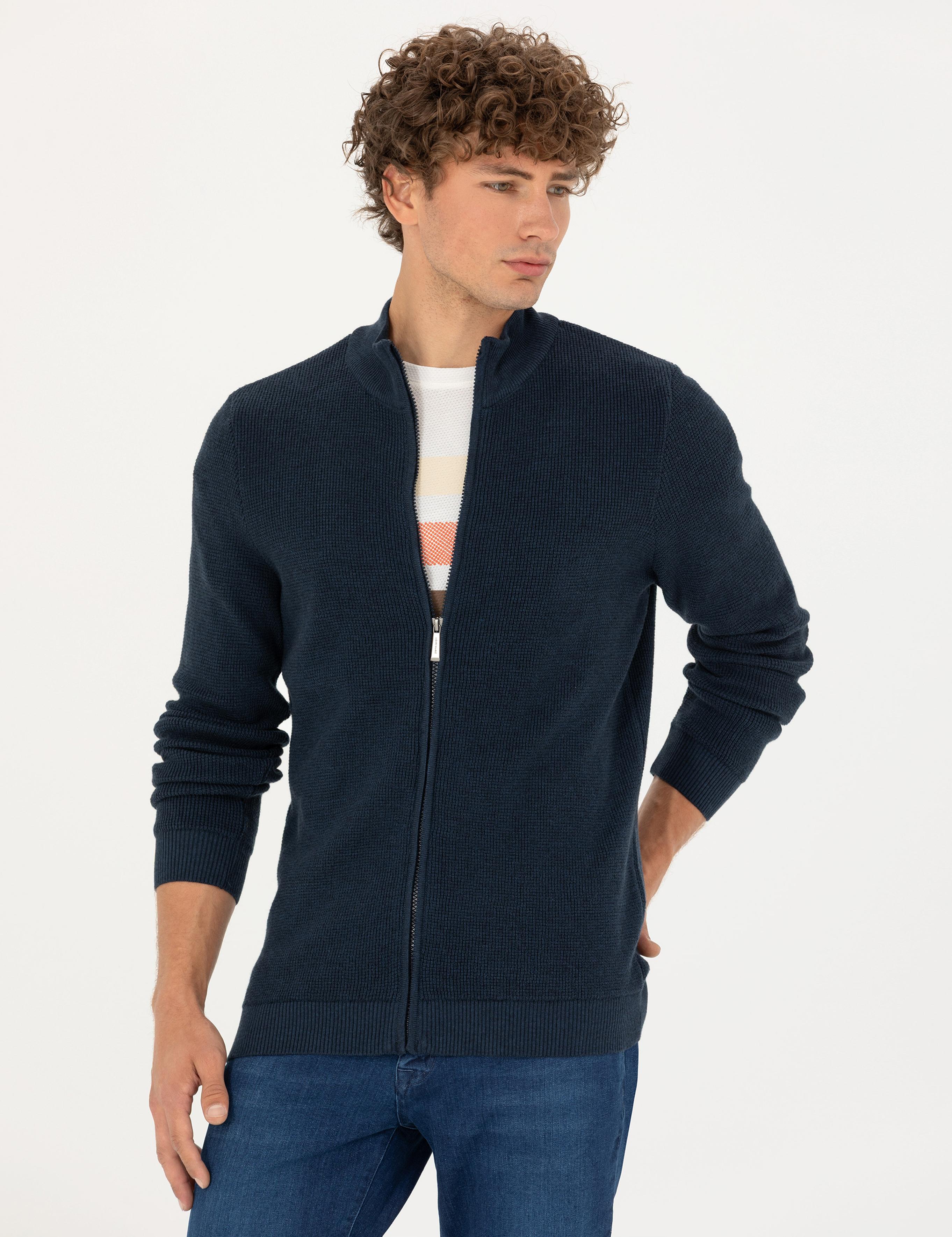 Lacivert Melanj Slim Fit Fermuarlı Triko Hırka