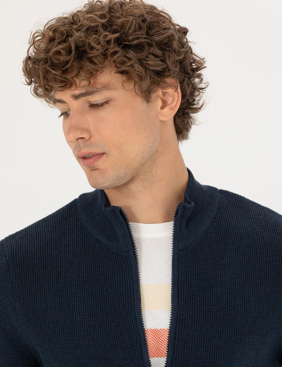 Lacivert Melanj Slim Fit Fermuarlı Triko Hırka