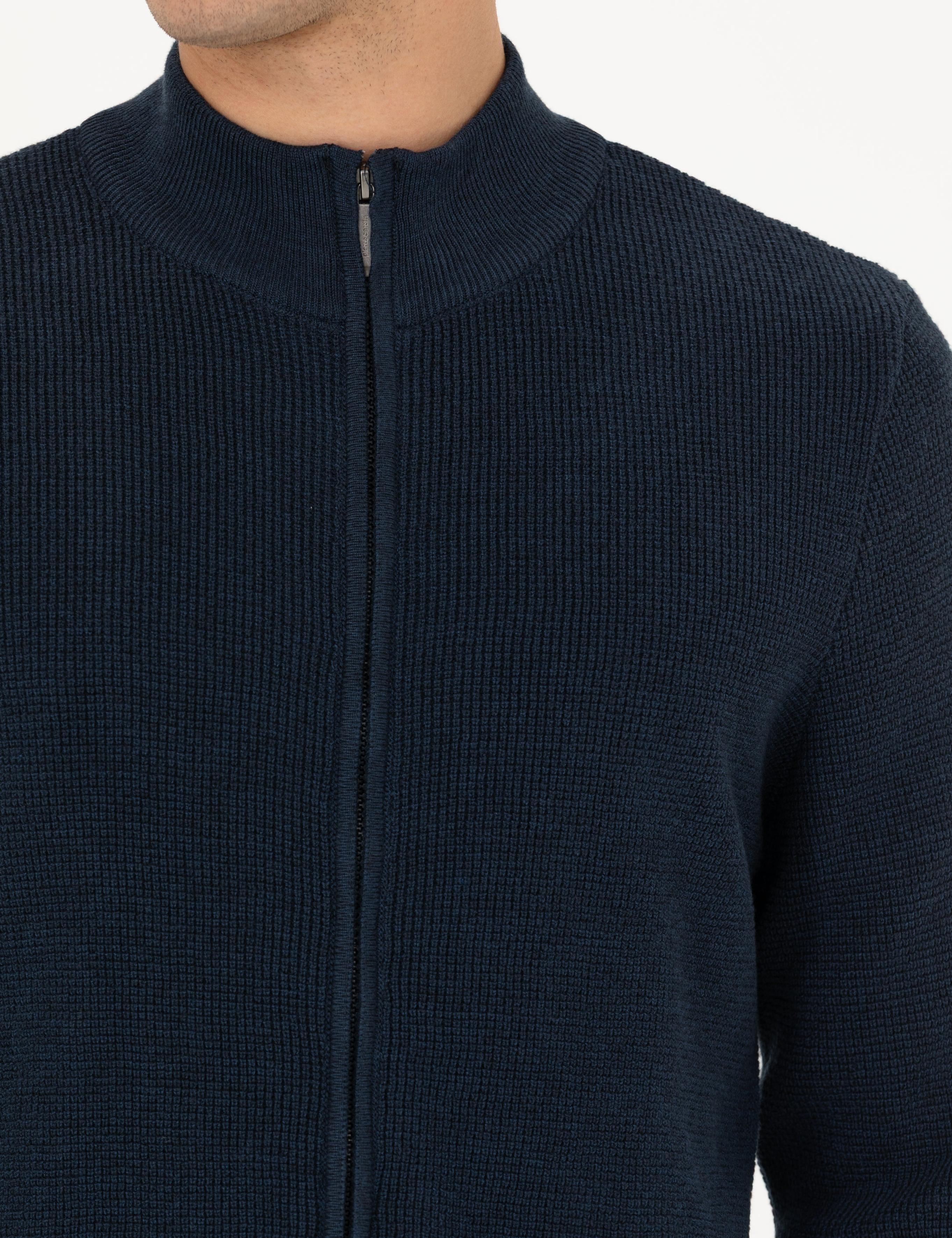 Lacivert Melanj Slim Fit Fermuarlı Triko Hırka