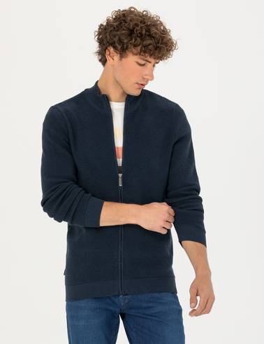 Lacivert Melanj Slim Fit Fermuarlı Triko Hırka