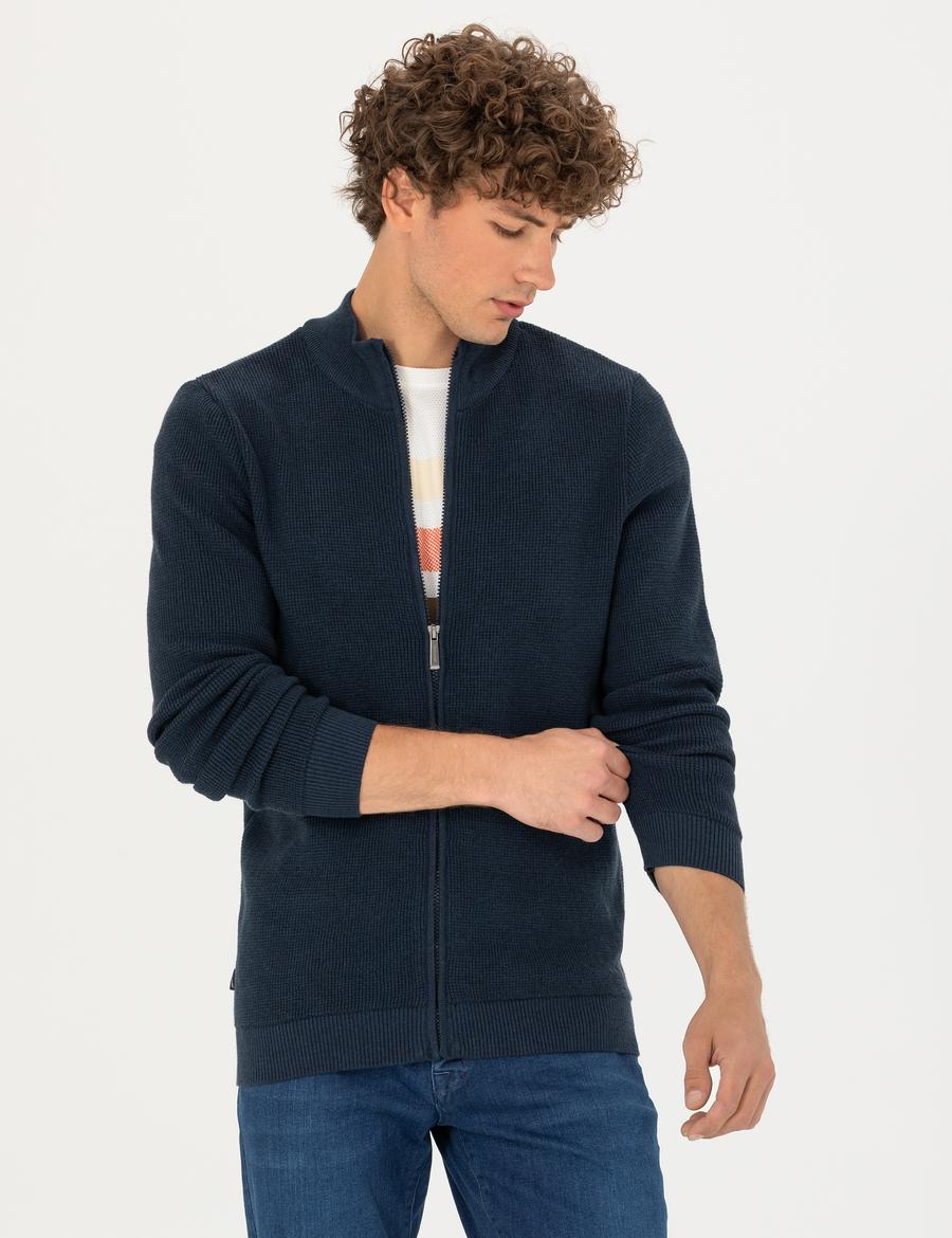 Lacivert Melanj Slim Fit Fermuarlı Triko Hırka