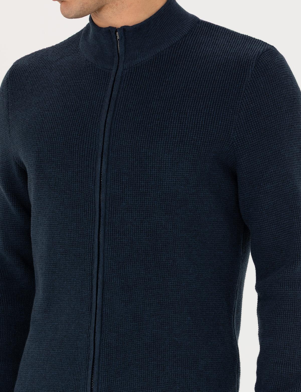 Lacivert Melanj Slim Fit Fermuarlı Triko Hırka - 50278100001