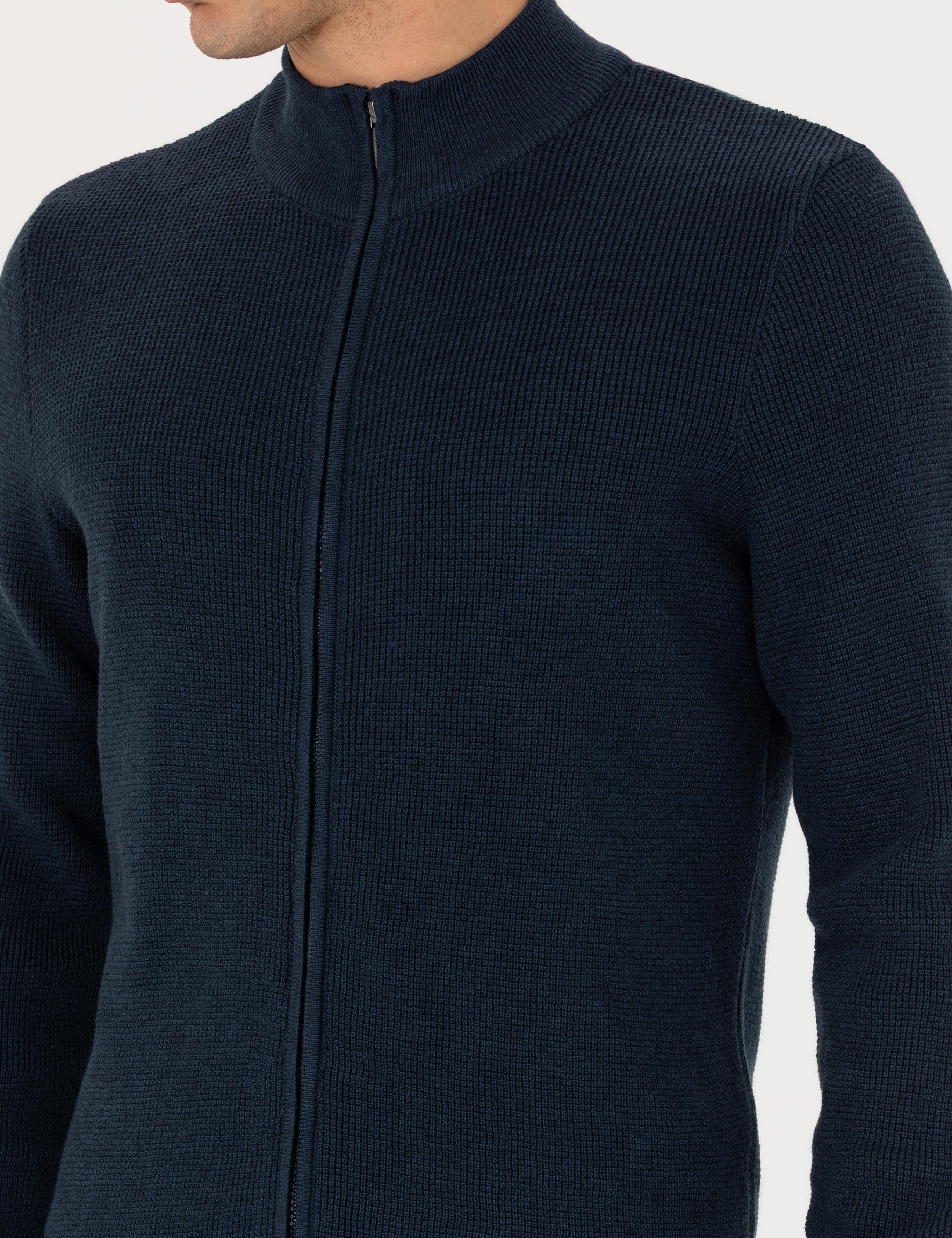 Lacivert Melanj Slim Fit Fermuarlı Triko Hırka