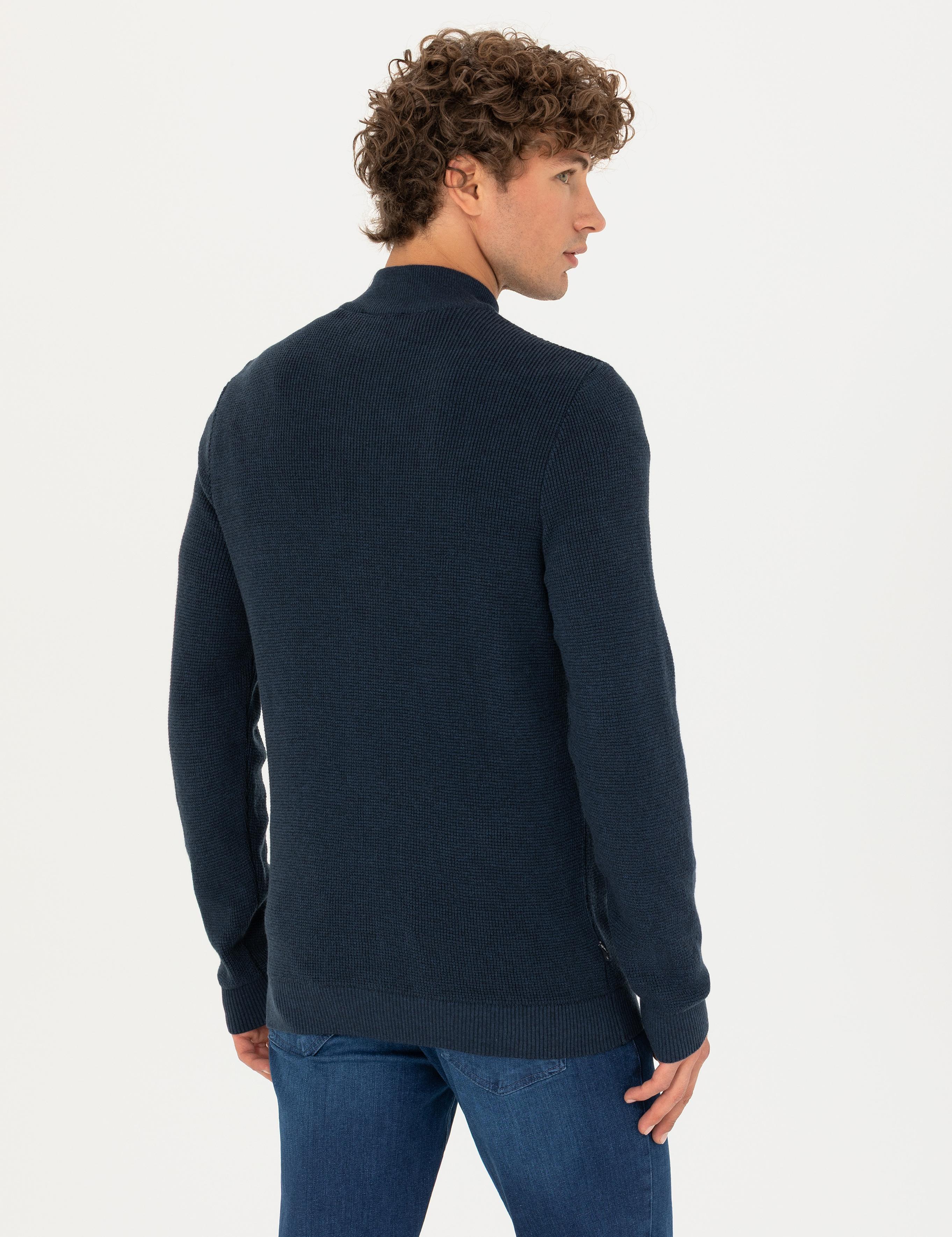 Lacivert Melanj Slim Fit Fermuarlı Triko Hırka