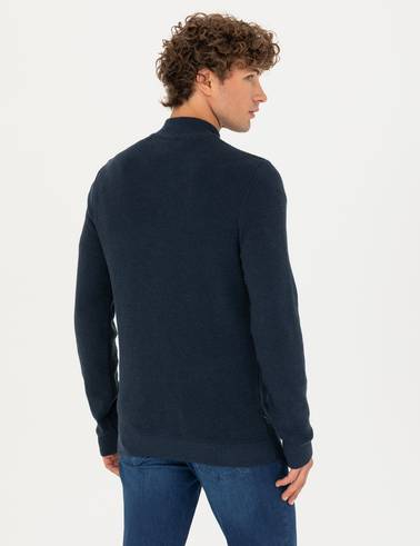 Lacivert Melanj Slim Fit Fermuarlı Triko Hırka