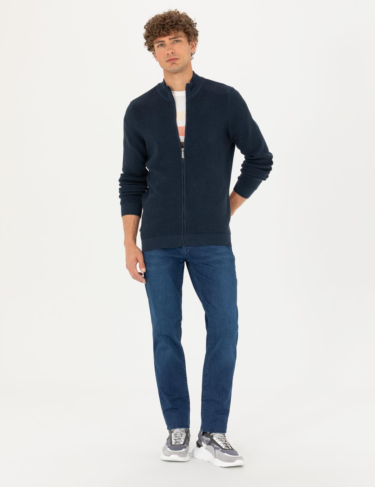 Lacivert Melanj Slim Fit Fermuarlı Triko Hırka - 50278100001