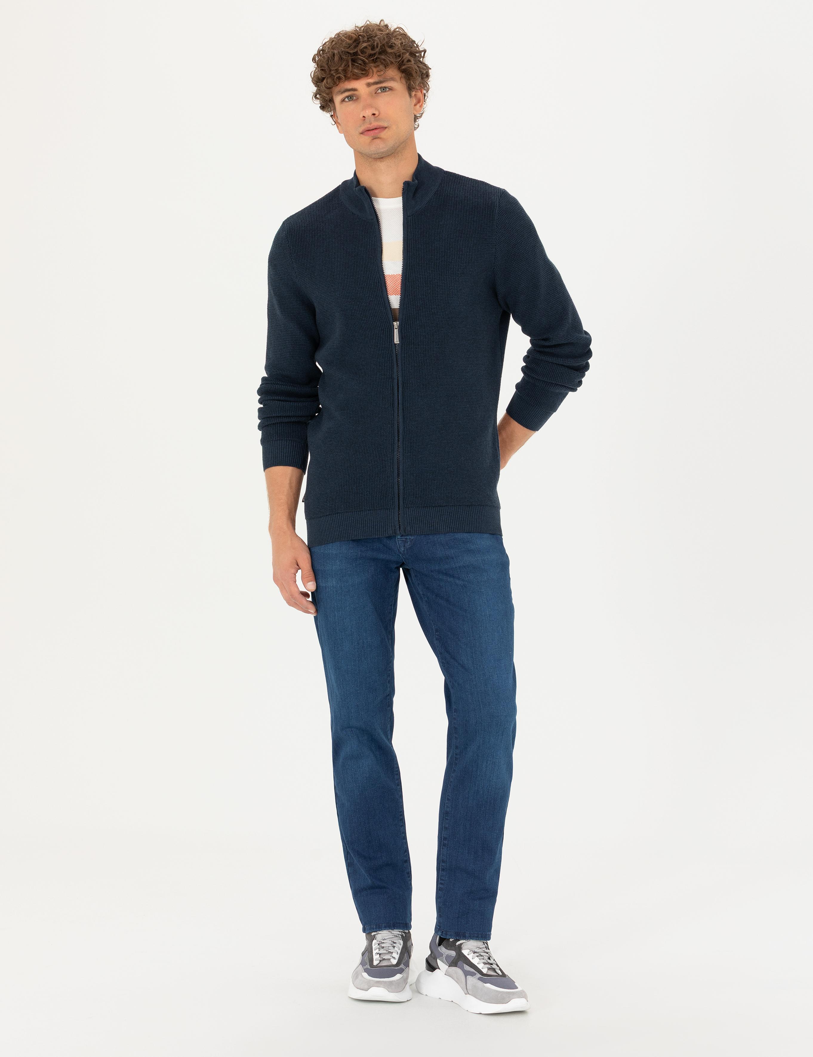 Lacivert Melanj Slim Fit Fermuarlı Triko Hırka