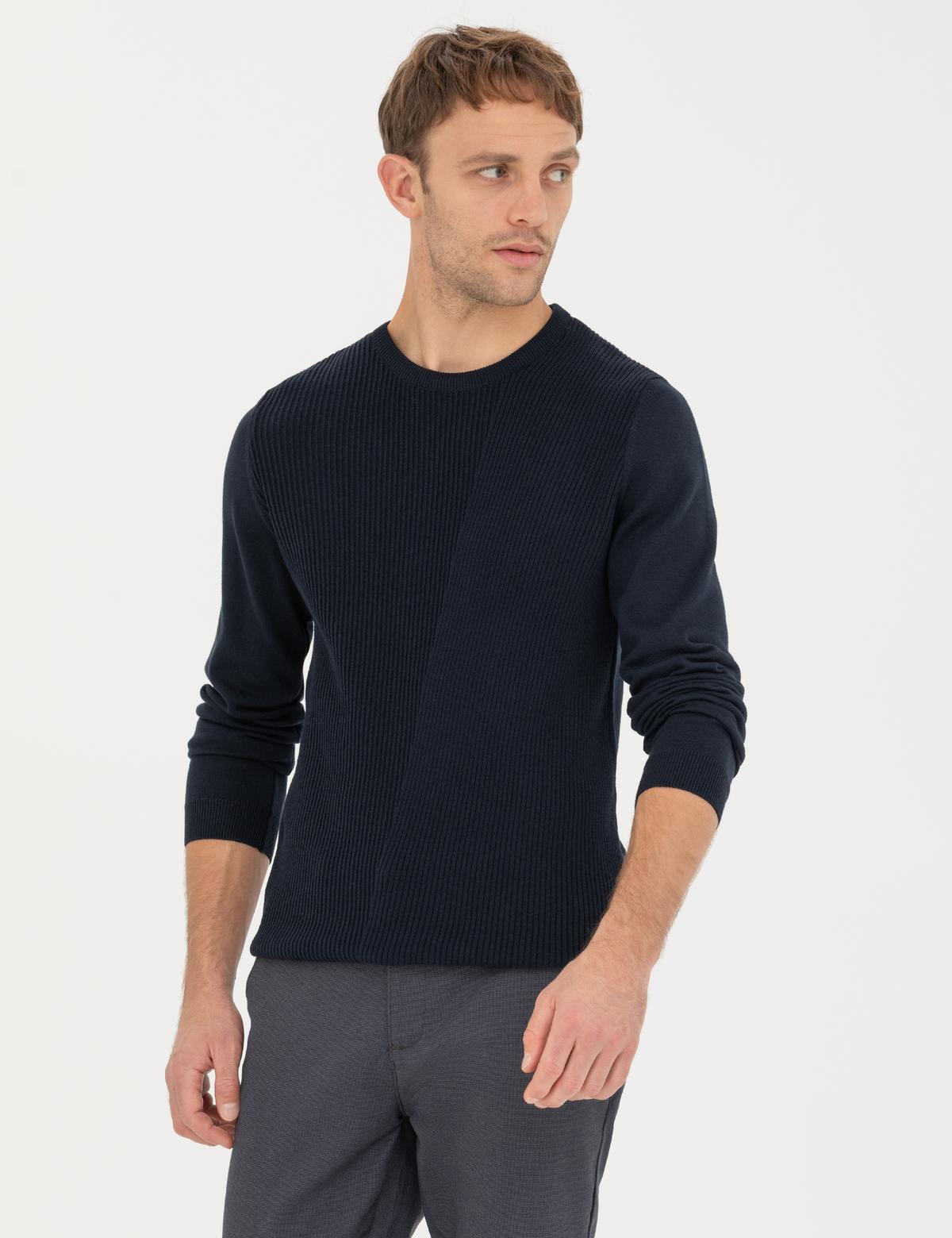 Lacivert Slim Fit Bisiklet Yaka Triko Kazak