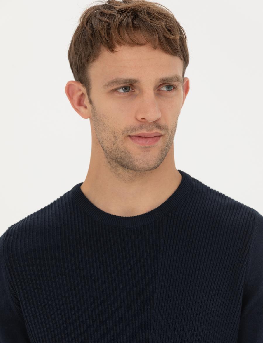 Lacivert Slim Fit Bisiklet Yaka Triko Kazak