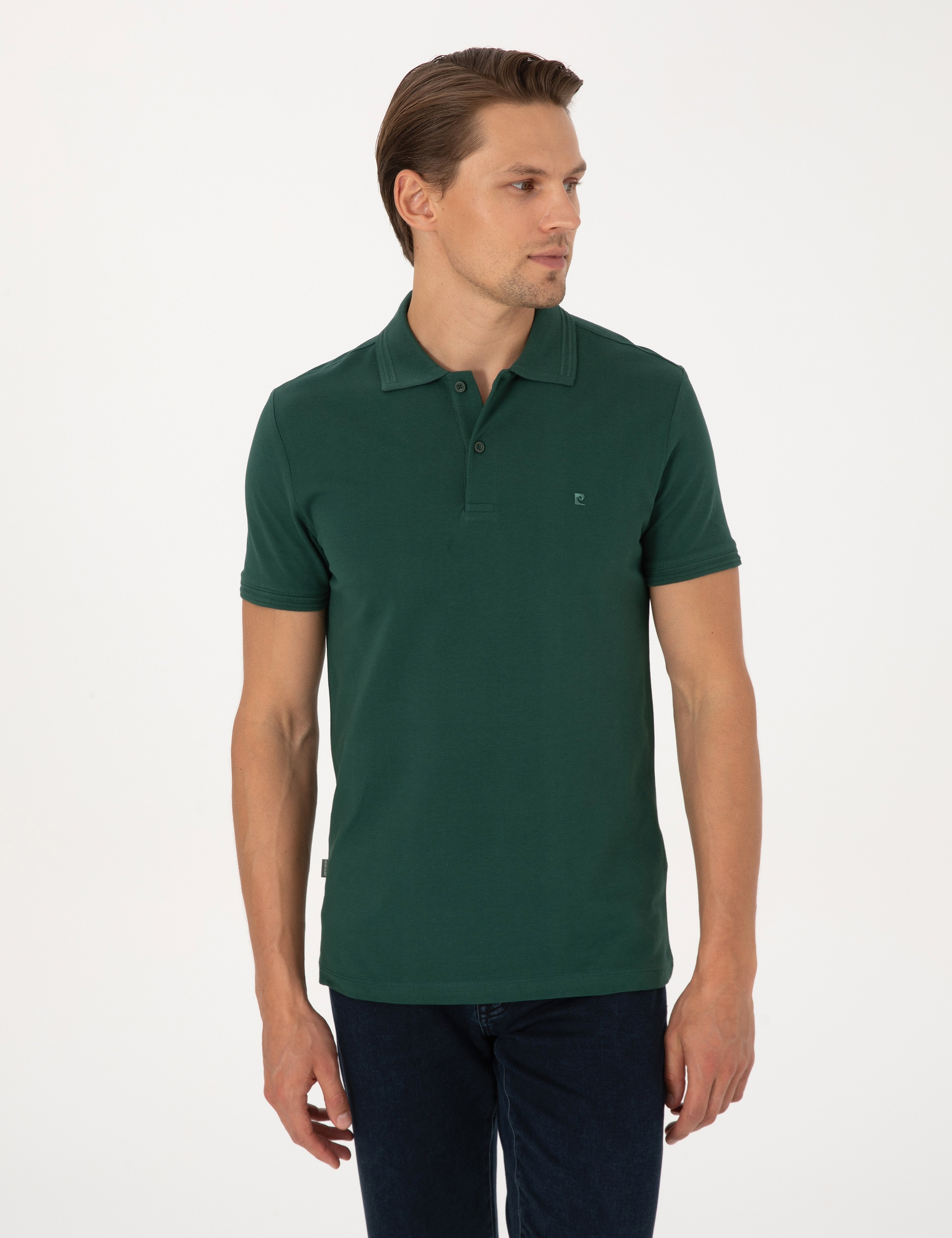 Koyu Yeşil Slim Fit %100 Pamuk Kıvrılmaz Düğmeli Polo Yaka Basic Tişört