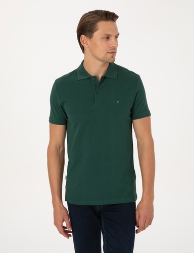 Koyu Yeşil Slim Fit %100 Pamuk Kıvrılmaz Düğmeli Polo Yaka Basic Tişört