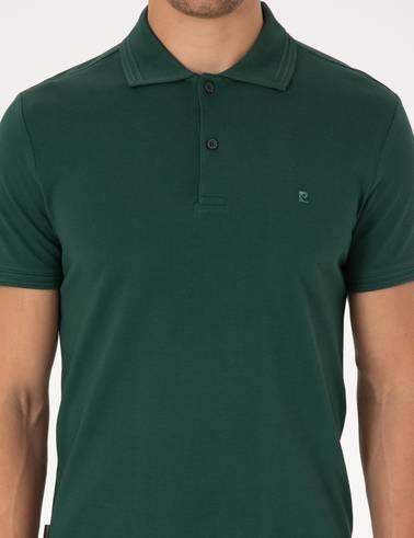 Koyu Yeşil Slim Fit %100 Pamuk Kıvrılmaz Düğmeli Polo Yaka Basic Tişört