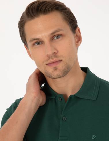 Koyu Yeşil Slim Fit %100 Pamuk Kıvrılmaz Düğmeli Polo Yaka Basic Tişört