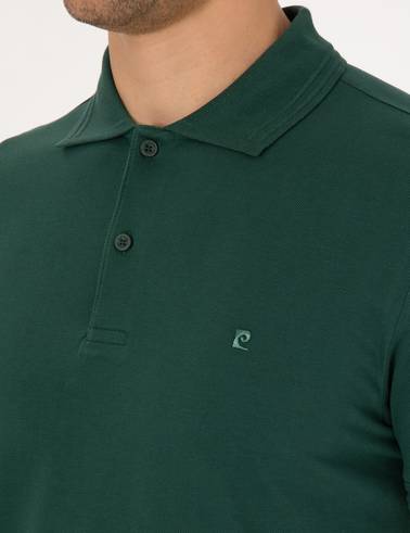 Koyu Yeşil Slim Fit %100 Pamuk Kıvrılmaz Düğmeli Polo Yaka Basic Tişört