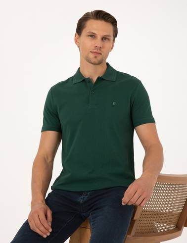 Koyu Yeşil Slim Fit %100 Pamuk Kıvrılmaz Düğmeli Polo Yaka Basic Tişört