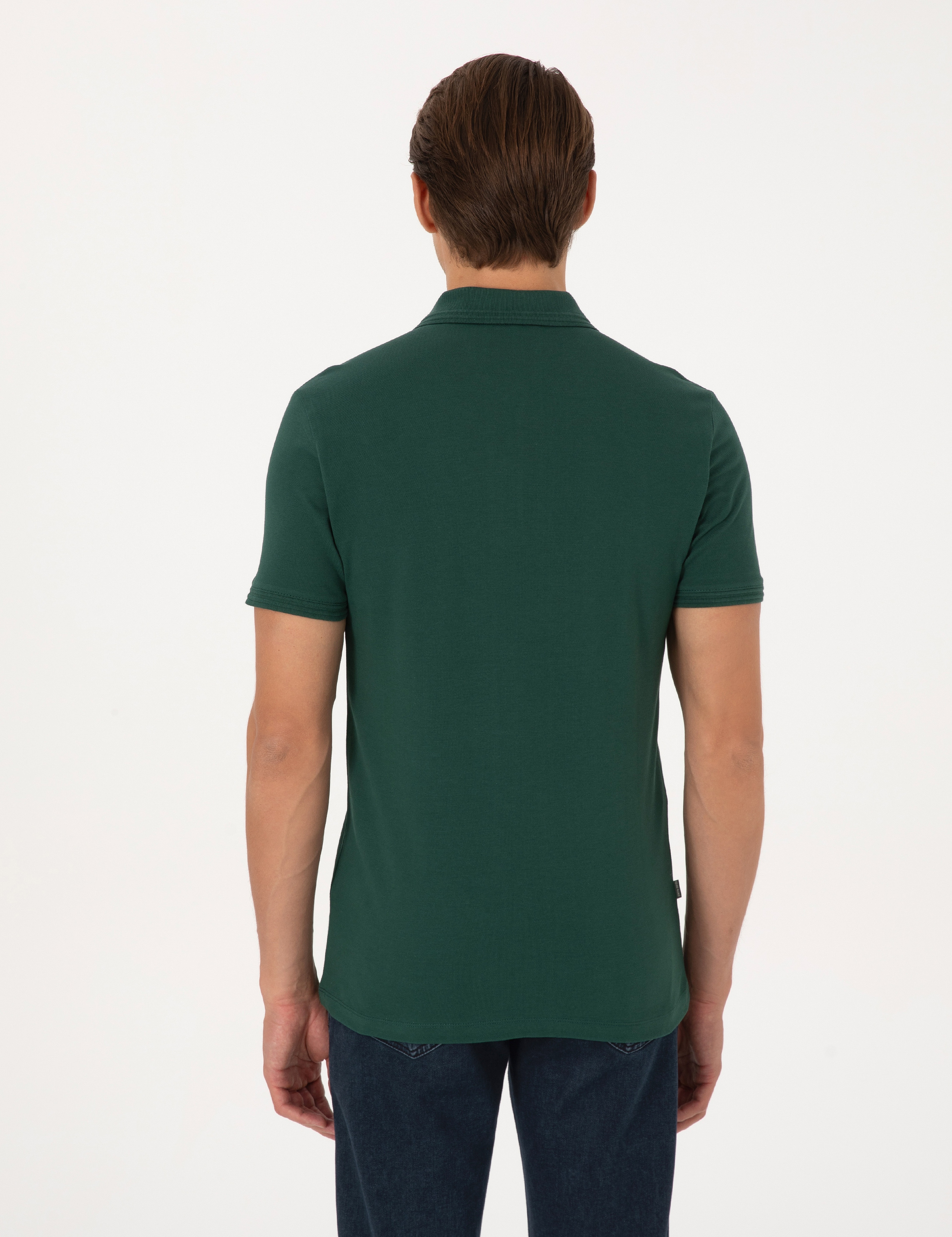 Koyu Yeşil Slim Fit %100 Pamuk Kıvrılmaz Düğmeli Polo Yaka Basic Tişört - Image 5