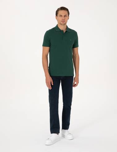 Koyu Yeşil Slim Fit %100 Pamuk Kıvrılmaz Düğmeli Polo Yaka Basic Tişört