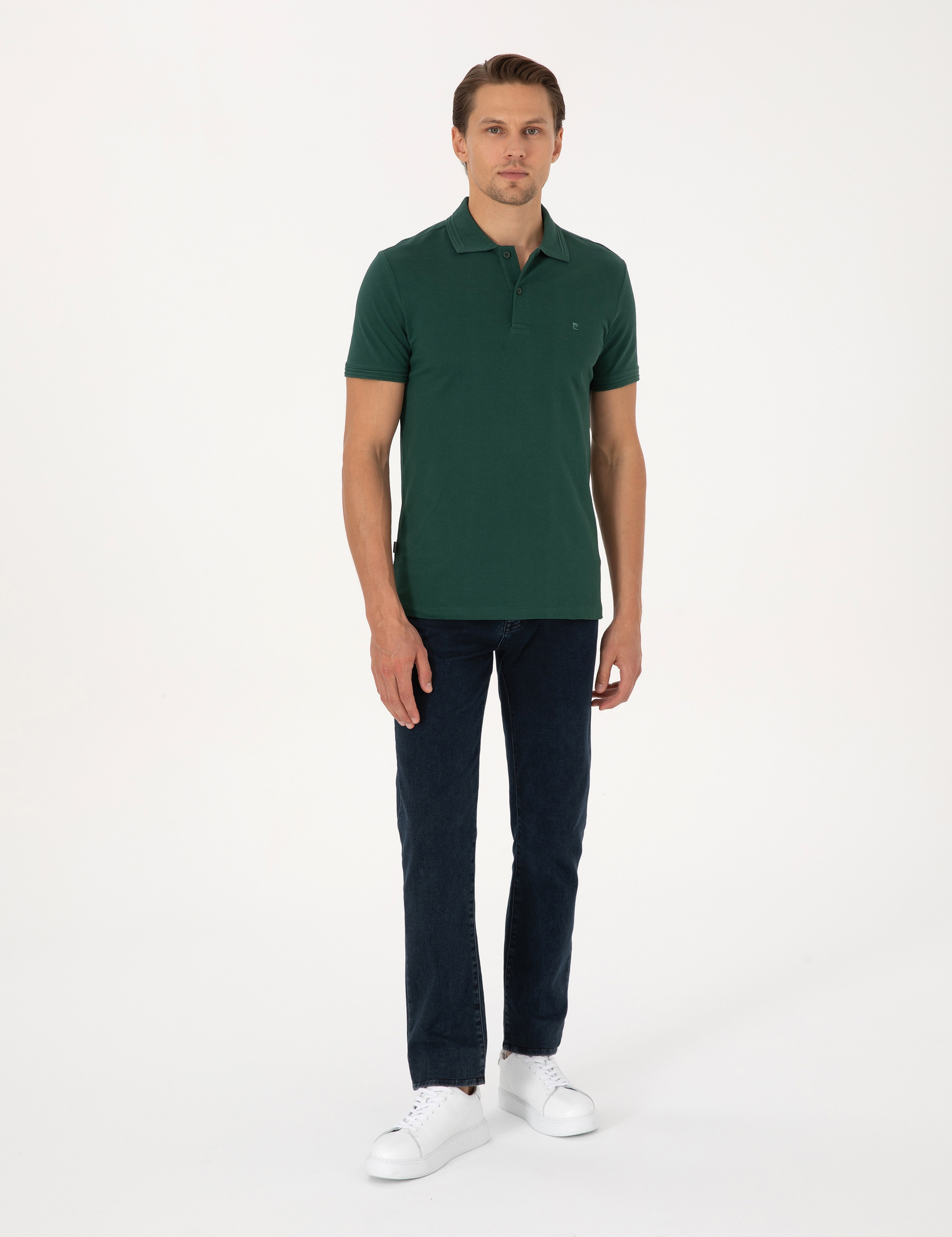 Koyu Yeşil Slim Fit %100 Pamuk Kıvrılmaz Düğmeli Polo Yaka Basic Tişört