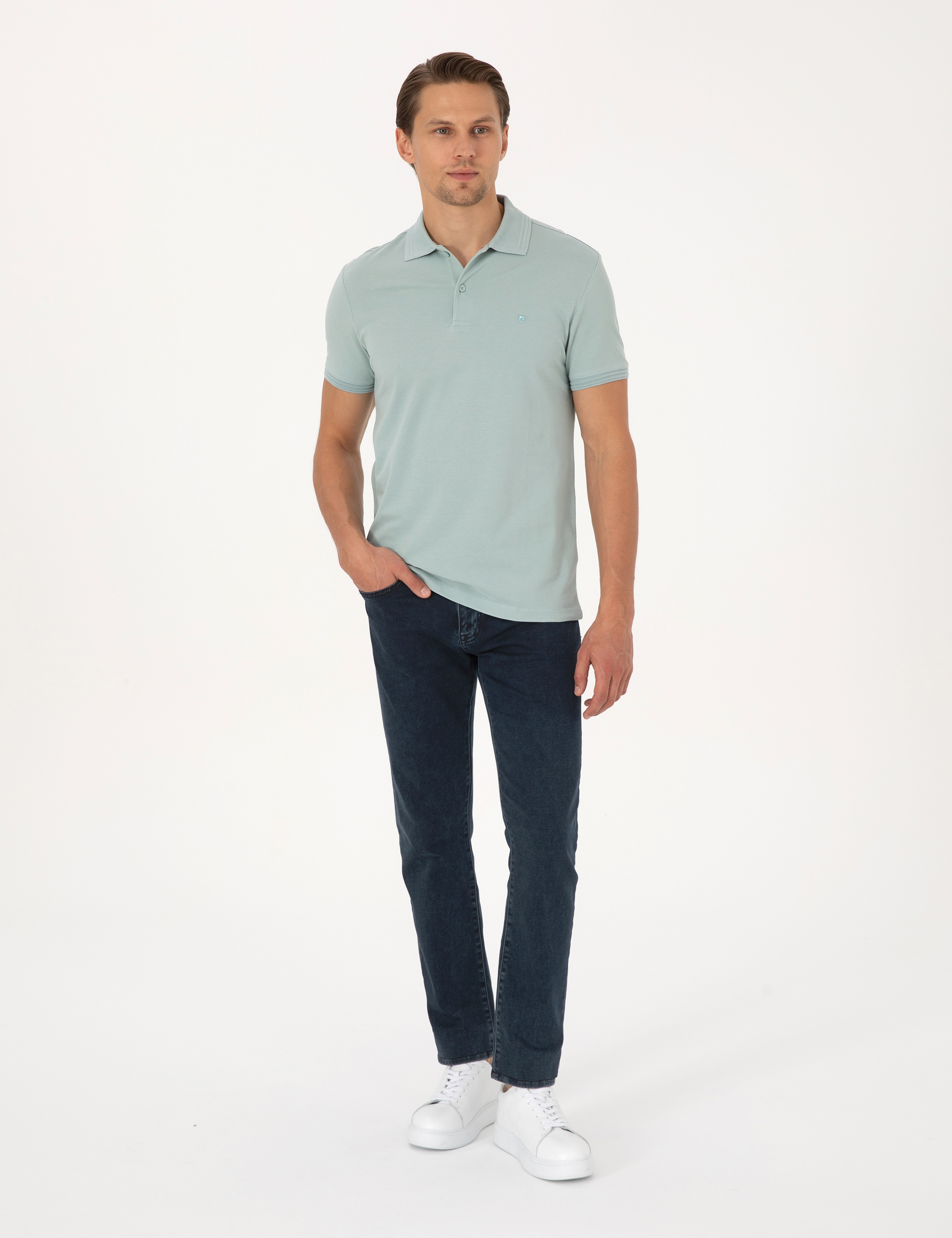 Koyu Mint Slim Fit %100 Pamuk Kıvrılmaz Düğmeli Polo Yaka Basic Tişört - Image 4