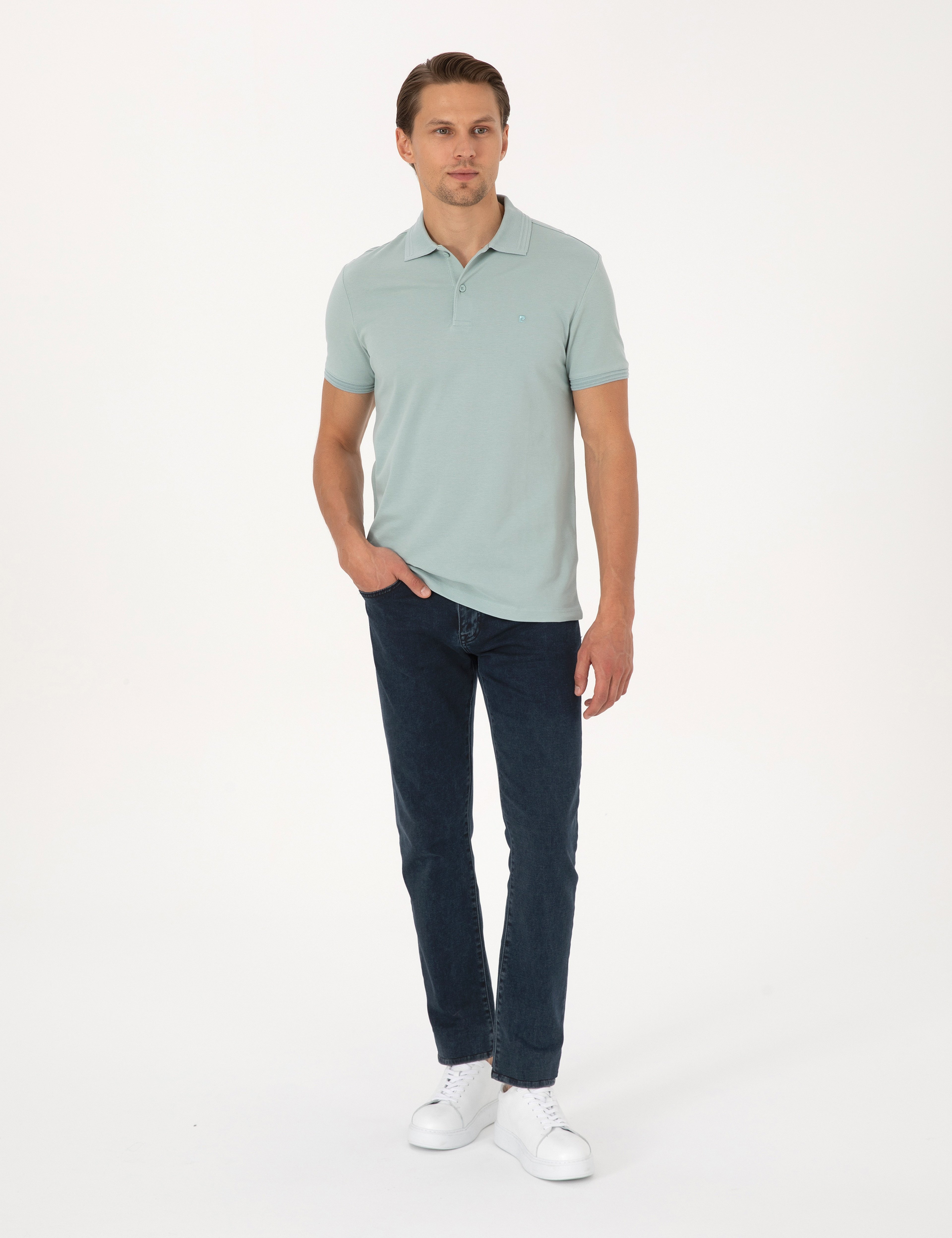 Koyu Mint Slim Fit %100 Pamuk Kıvrılmaz Düğmeli Polo Yaka Basic Tişört