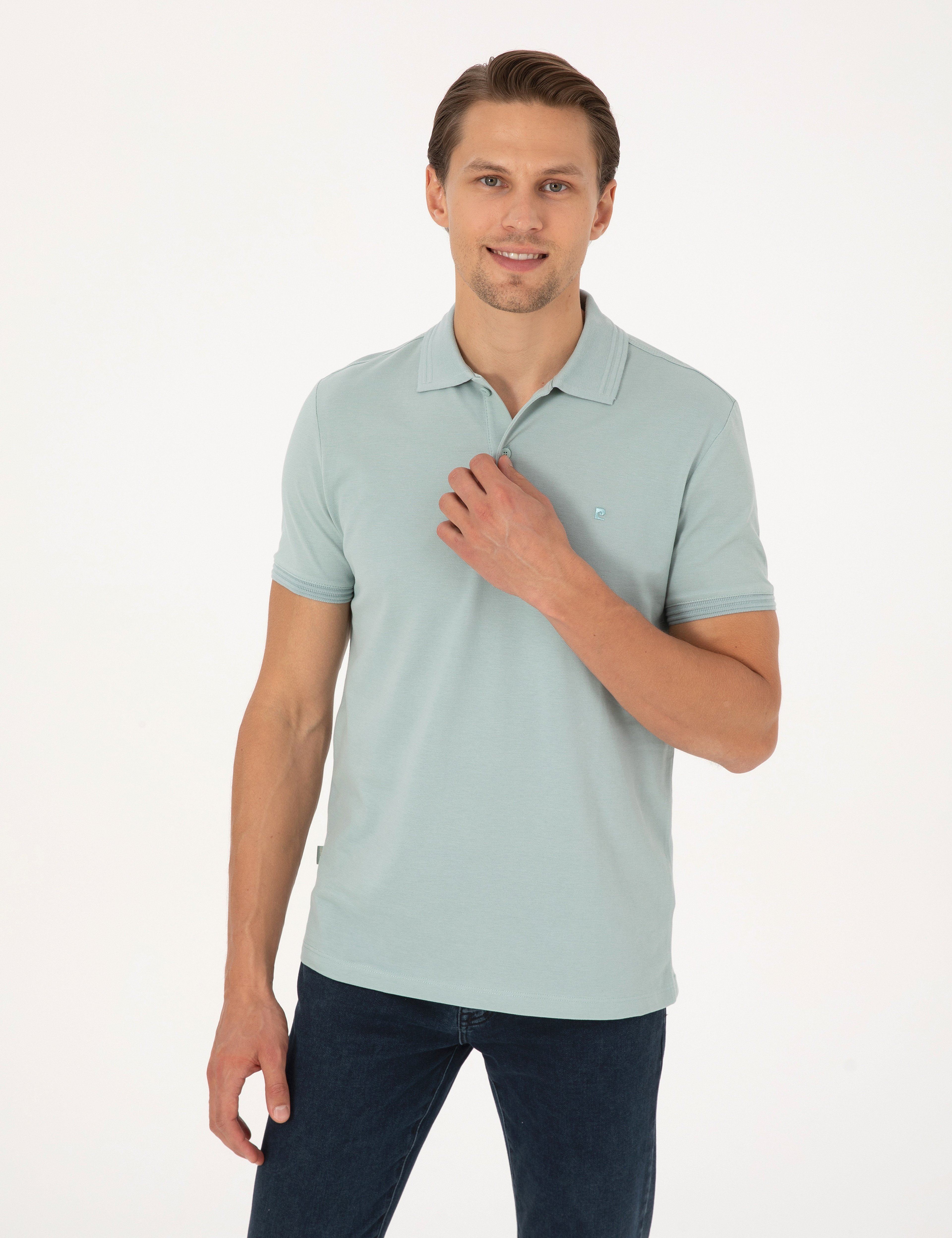 Koyu Mint Slim Fit %100 Pamuk Kıvrılmaz Düğmeli Polo Yaka Basic Tişört