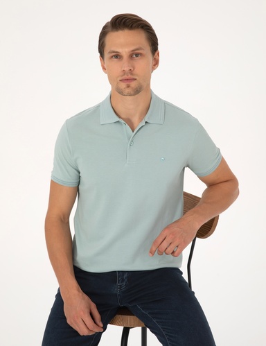Koyu Mint Slim Fit %100 Pamuk Kıvrılmaz Düğmeli Polo Yaka Basic Tişört