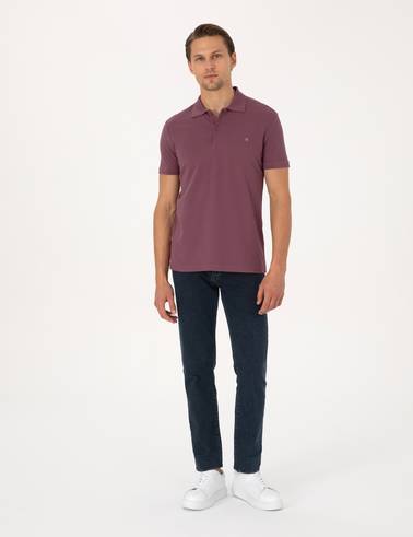 Mor Slim Fit %100 Pamuk Kıvrılmaz Düğmeli Polo Yaka Basic Tişört