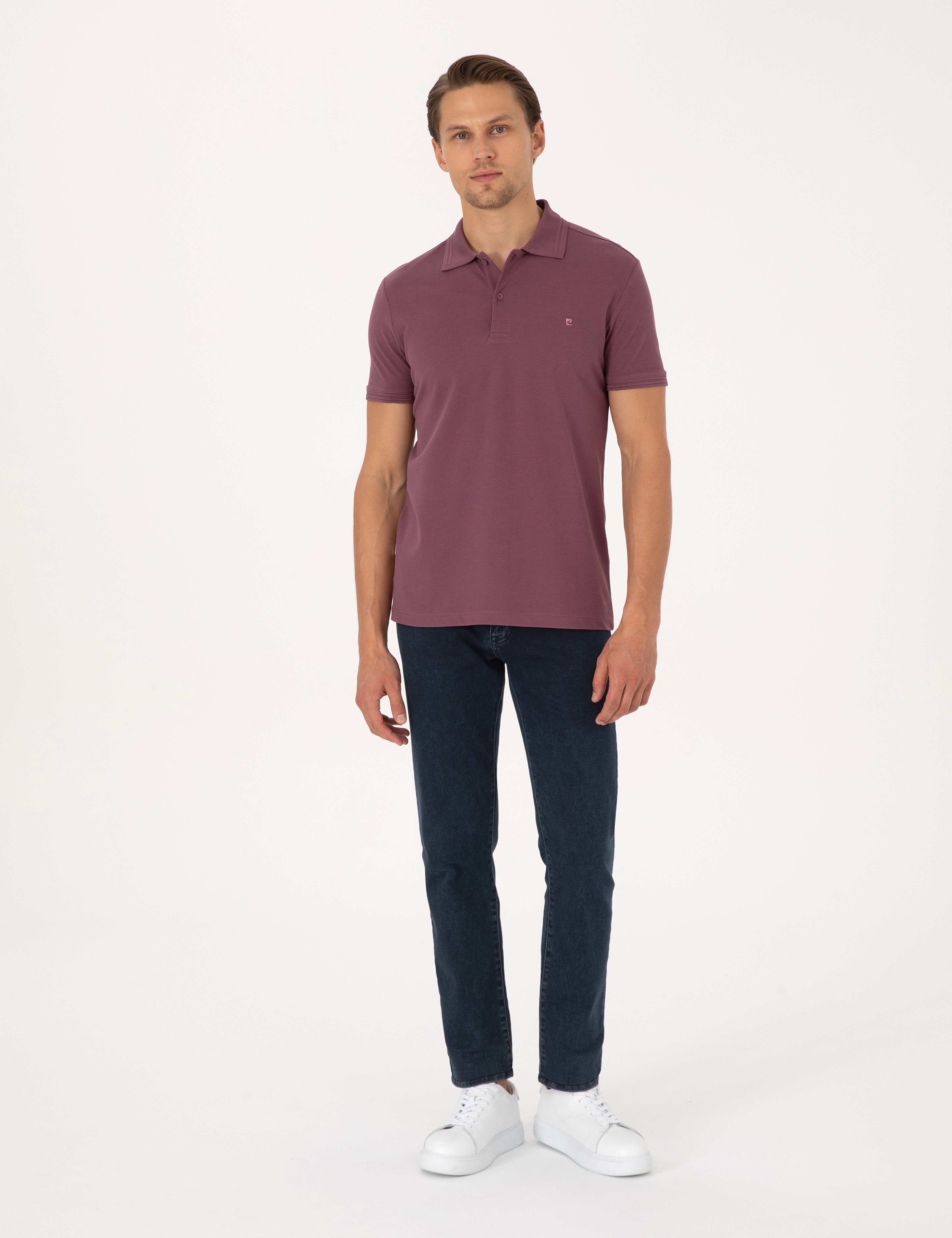 Mor Slim Fit %100 Pamuk Kıvrılmaz Düğmeli Polo Yaka Basic Tişört - Image 4