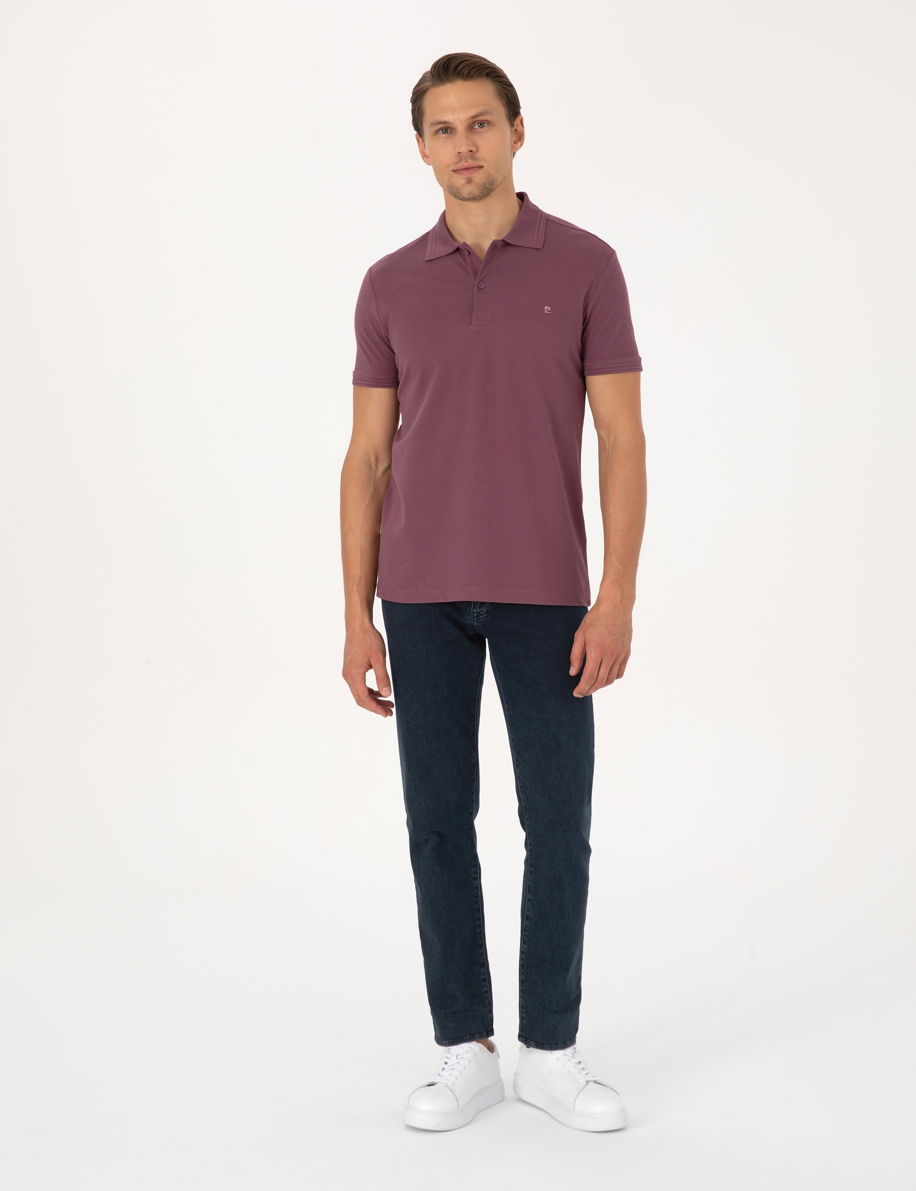 Mor Slim Fit %100 Pamuk Kıvrılmaz Düğmeli Polo Yaka Basic Tişört