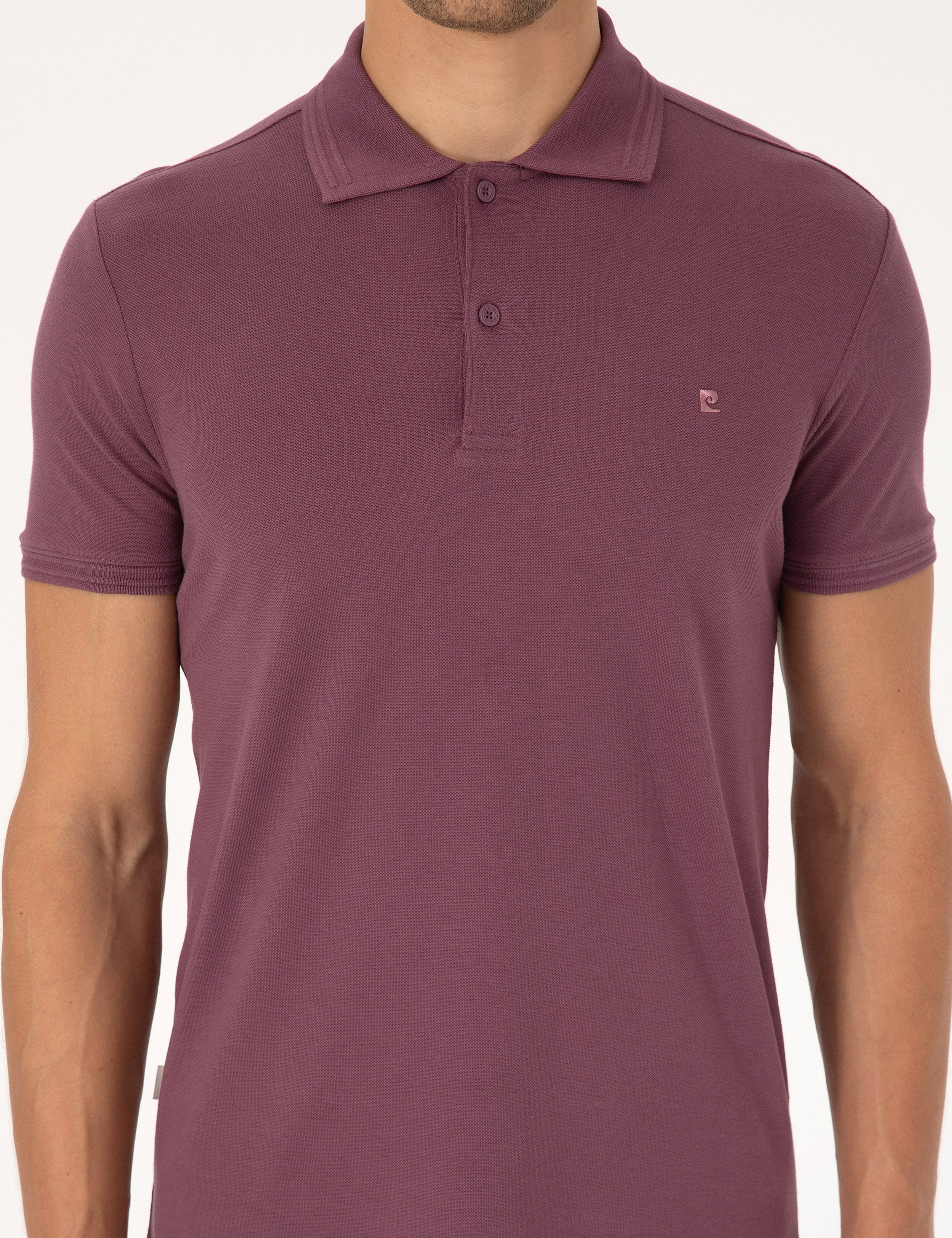 Mor Slim Fit %100 Pamuk Kıvrılmaz Düğmeli Polo Yaka Basic Tişört - Image 6