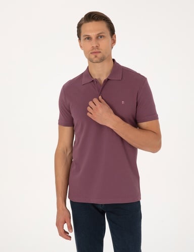 Mor Slim Fit %100 Pamuk Kıvrılmaz Düğmeli Polo Yaka Basic Tişört