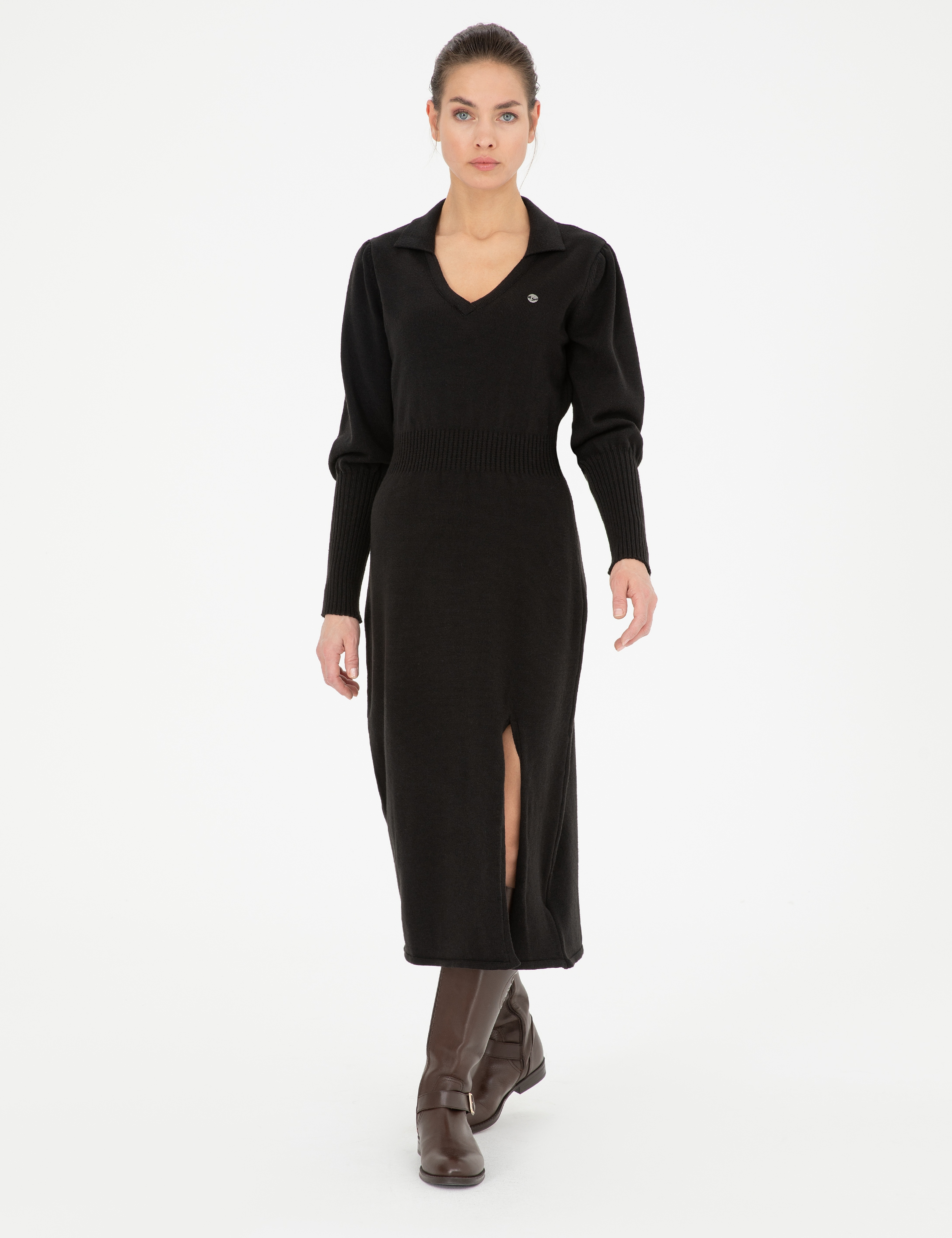 Siyah Regular Fit Triko Elbise - Image 1