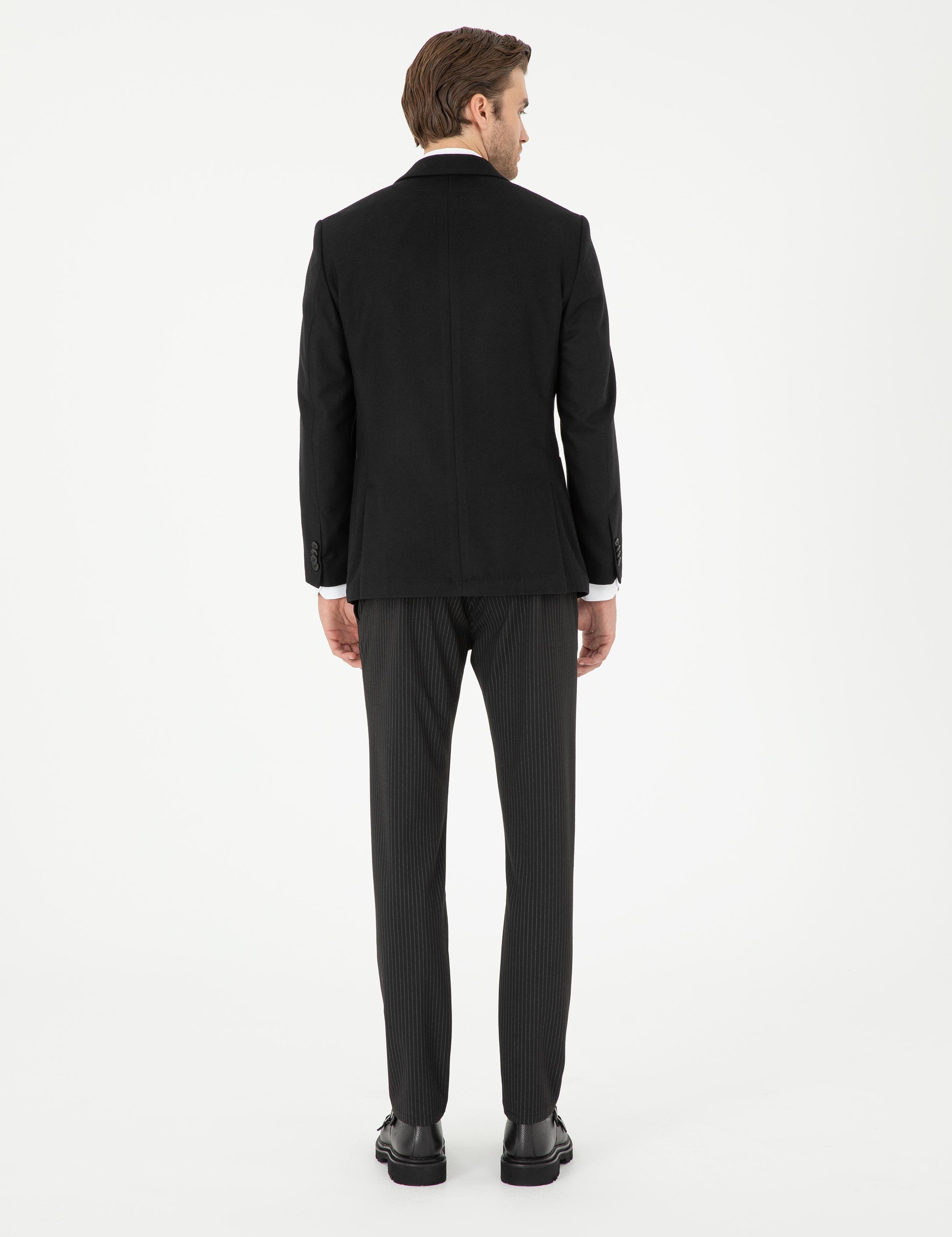 Siyah Slim Fit Çizgili Kanvas Pantolon