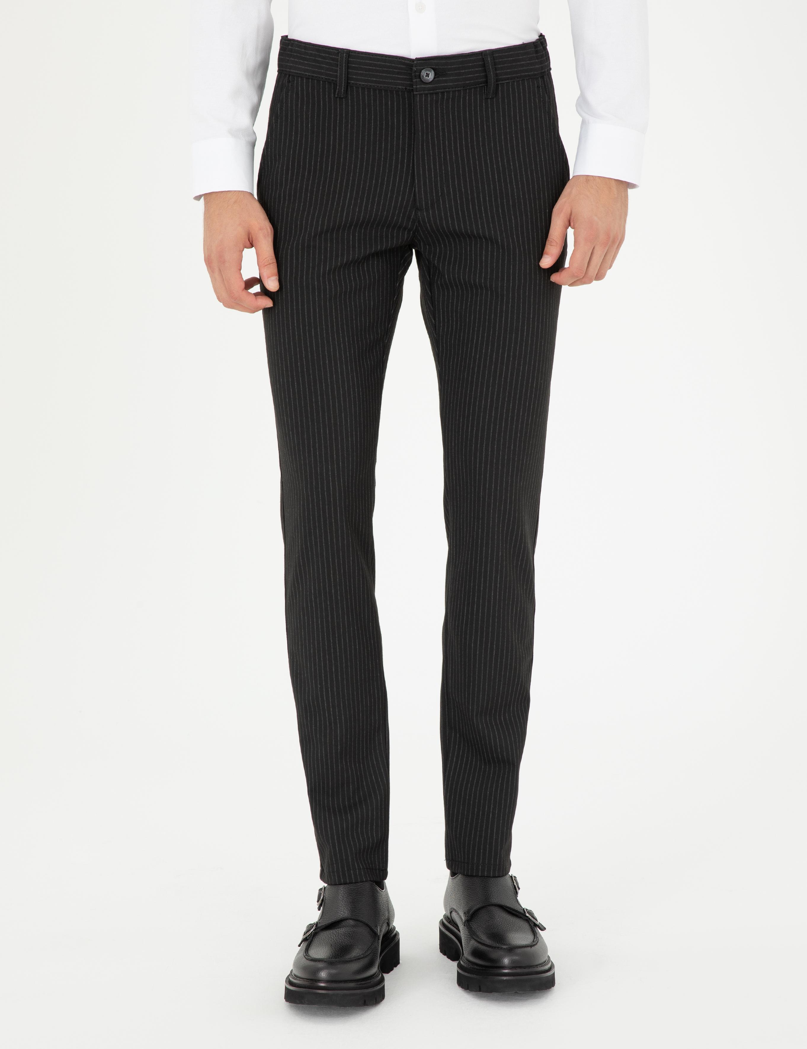 Siyah Slim Fit Çizgili Kanvas Pantolon