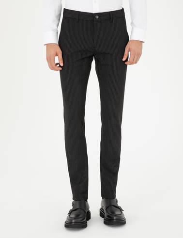 Siyah Slim Fit Çizgili Kanvas Pantolon