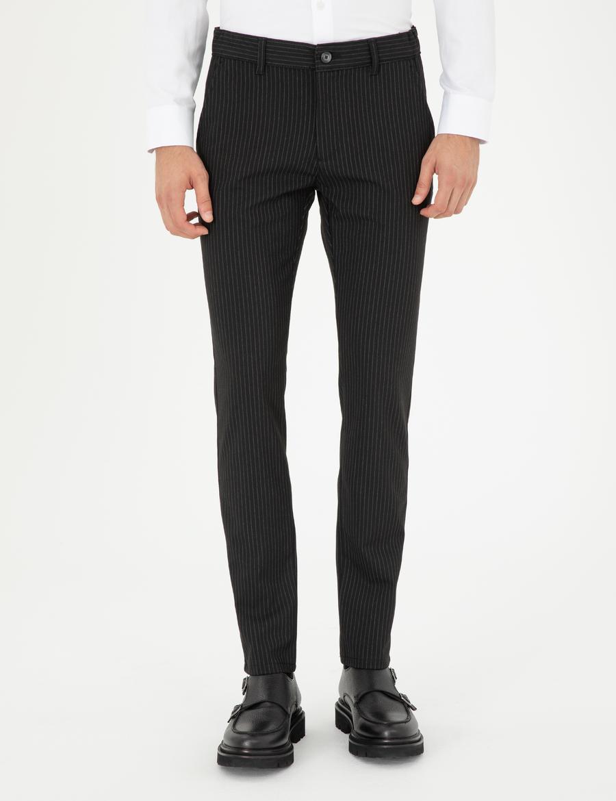 Siyah Slim Fit Çizgili Kanvas Pantolon
