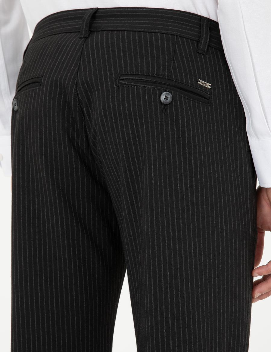 Siyah Slim Fit Çizgili Kanvas Pantolon