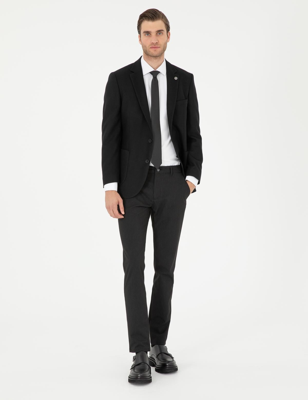 Siyah Slim Fit Çizgili Kanvas Pantolon - 50295951034