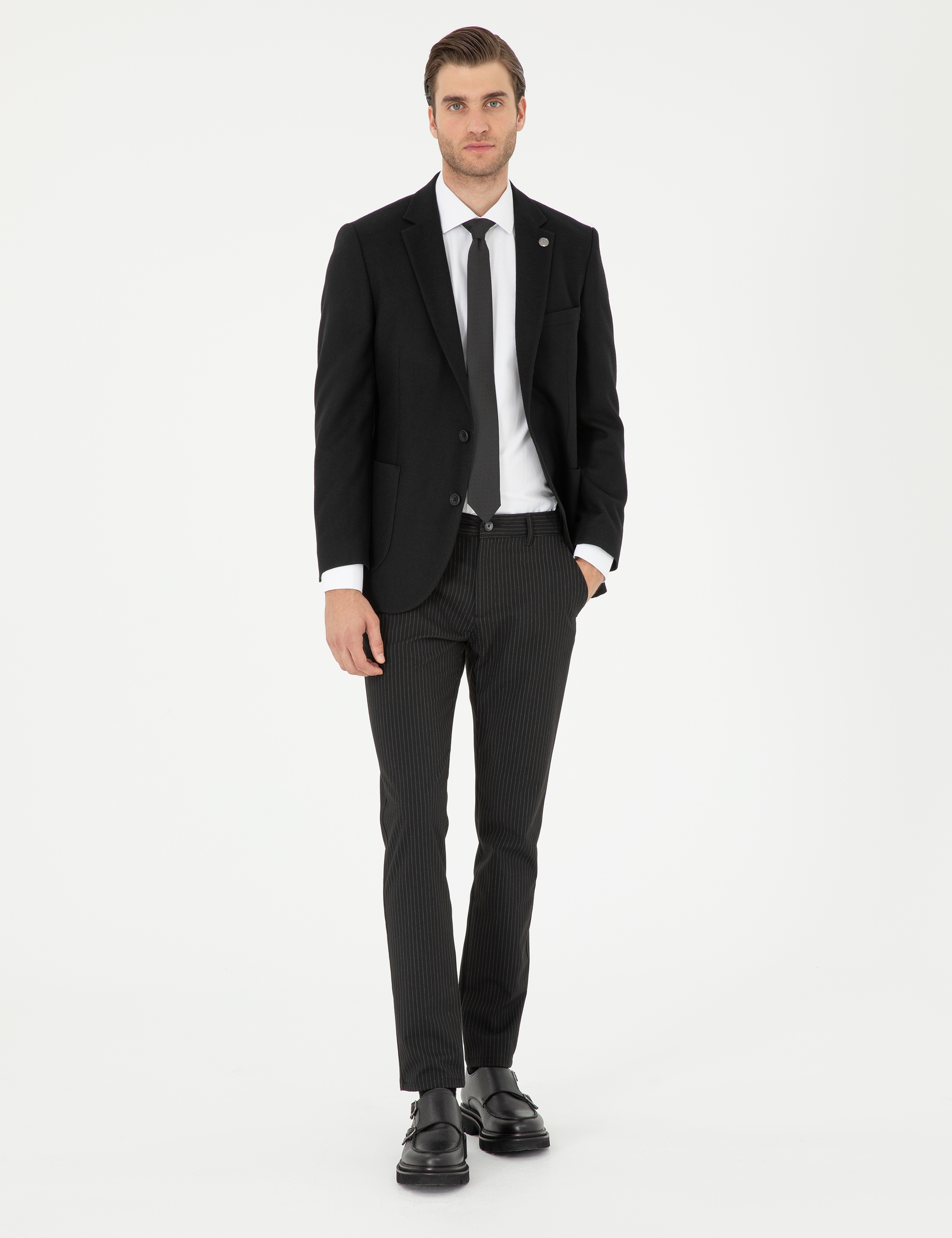 Siyah Slim Fit Çizgili Kanvas Pantolon
