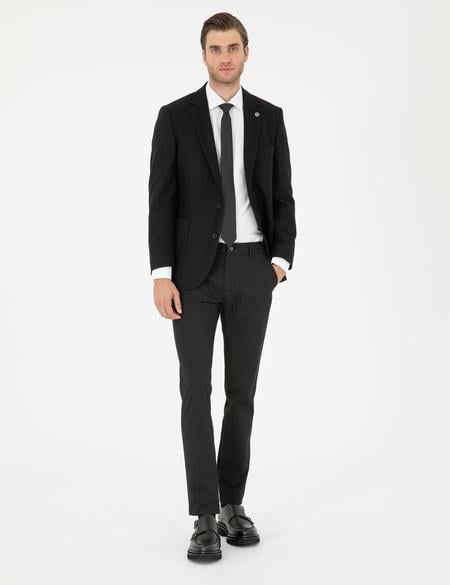 Siyah Slim Fit Çizgili Kanvas Pantolon - 50295951034