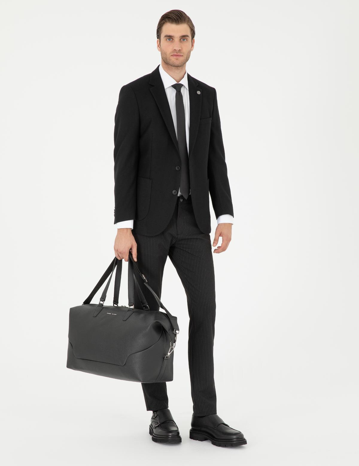 Siyah Slim Fit Çizgili Kanvas Pantolon