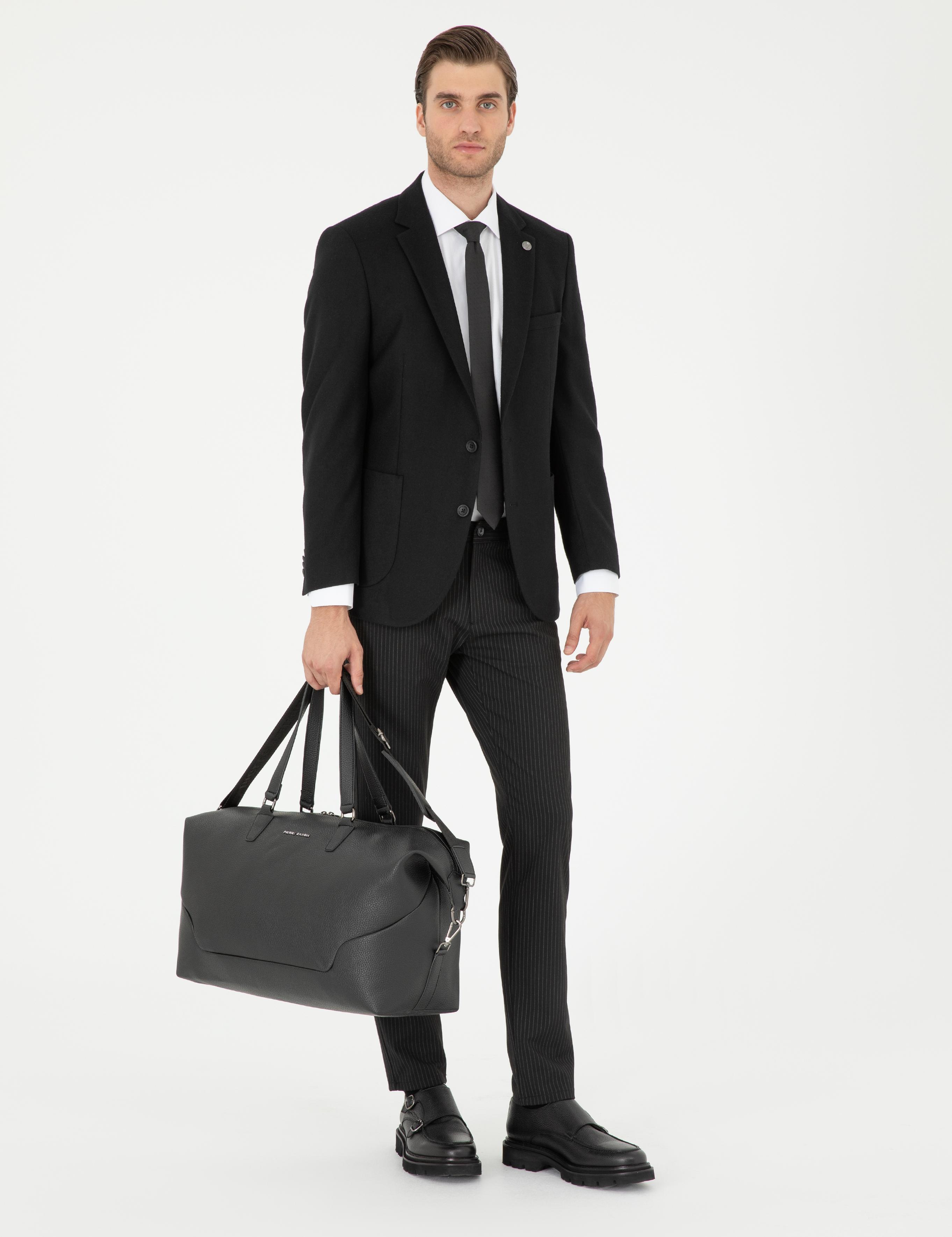 Siyah Slim Fit Çizgili Kanvas Pantolon