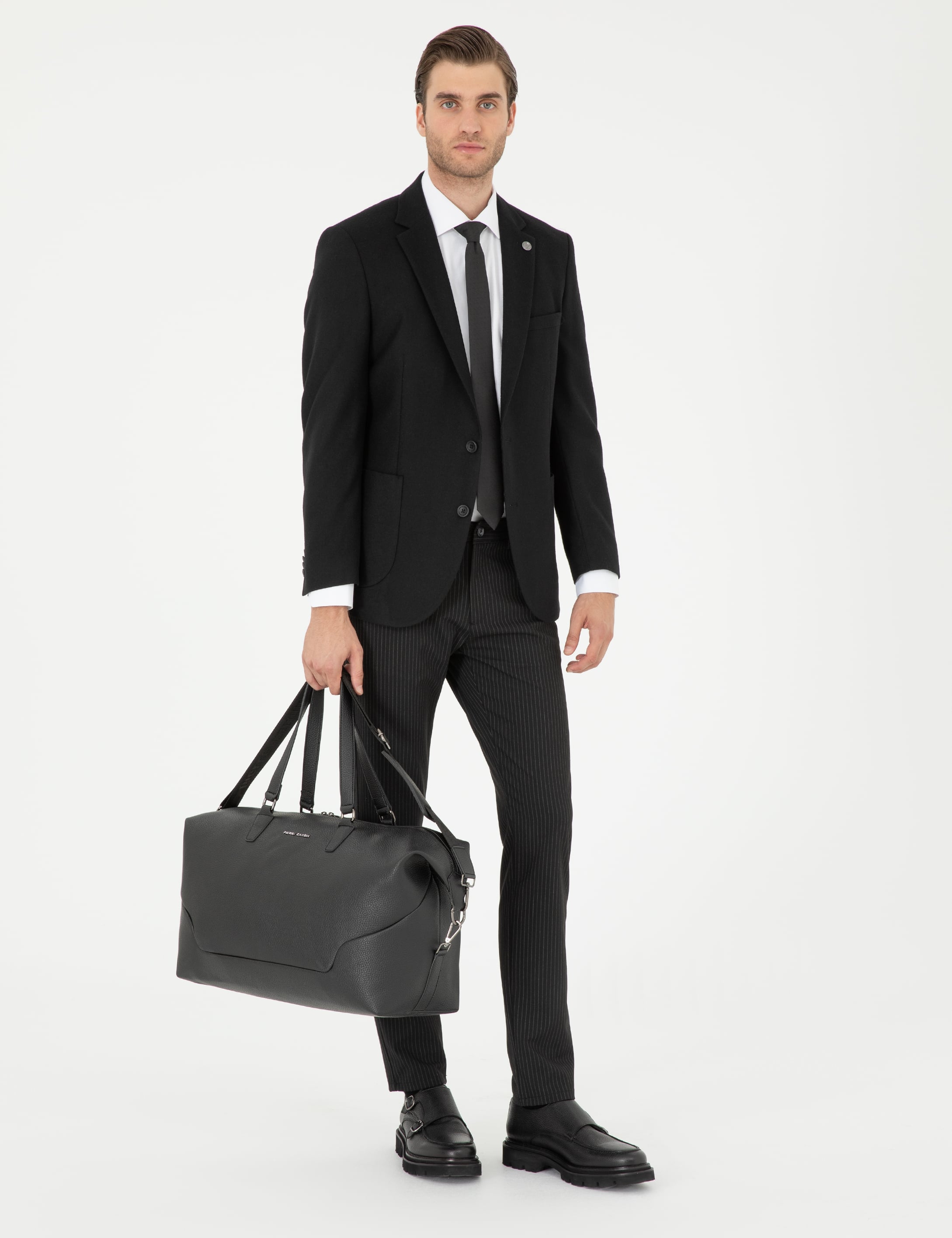 Siyah Slim Fit Çizgili Kanvas Pantolon