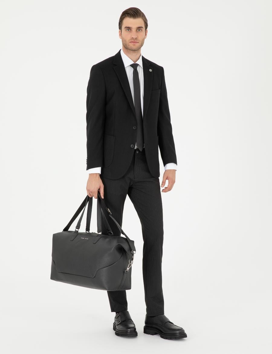 Siyah Slim Fit Çizgili Kanvas Pantolon