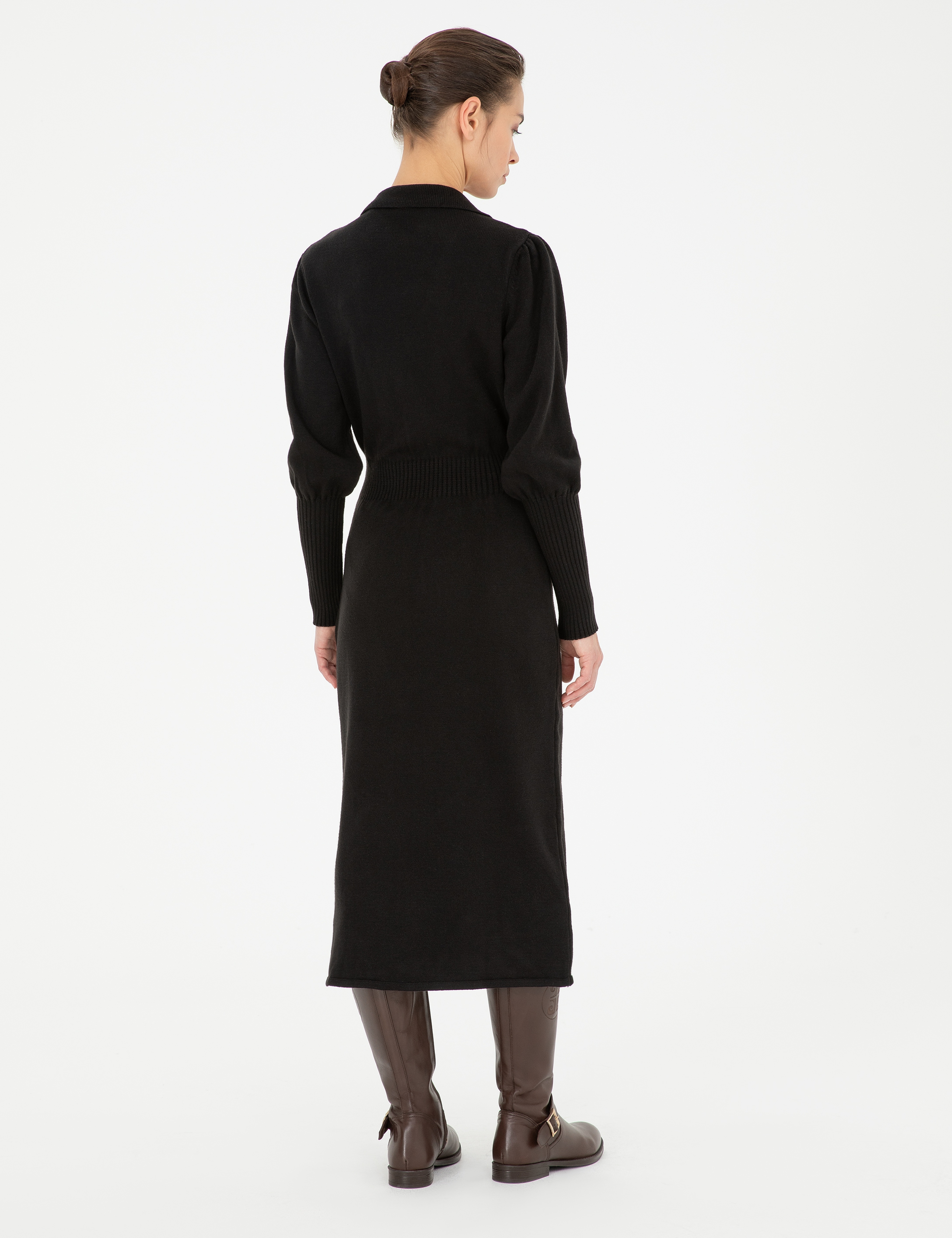 Siyah Regular Fit Triko Elbise - Image 5