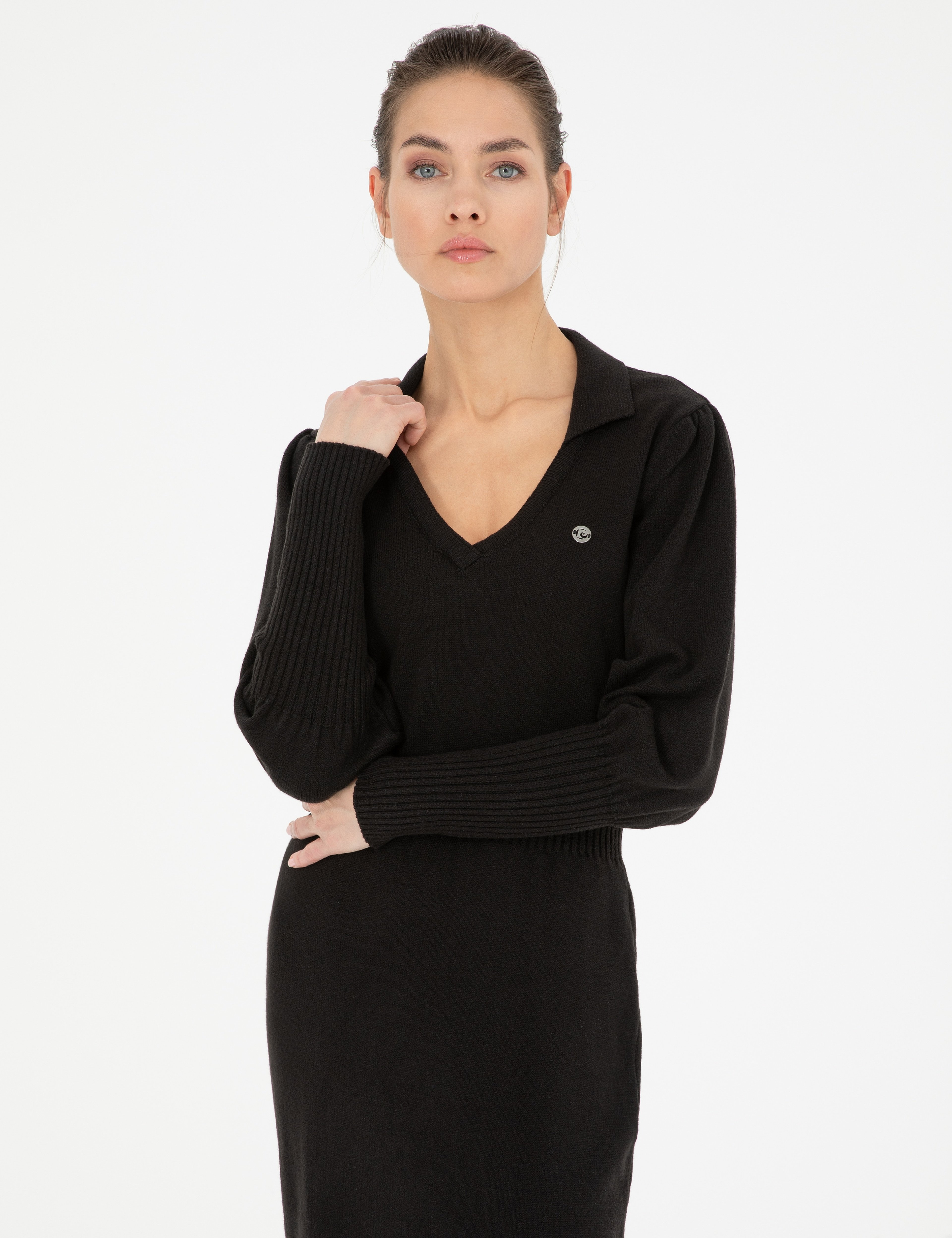 Siyah Regular Fit Triko Elbise - Image 4